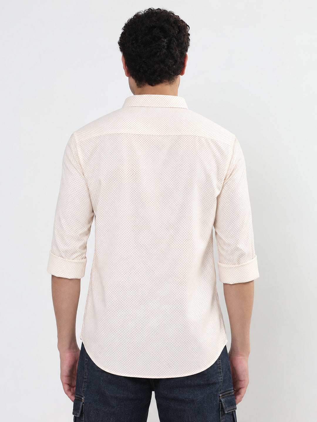 Men’s Geometric Printed Cream Slim Fit Long Sleeves Casual Shirt
