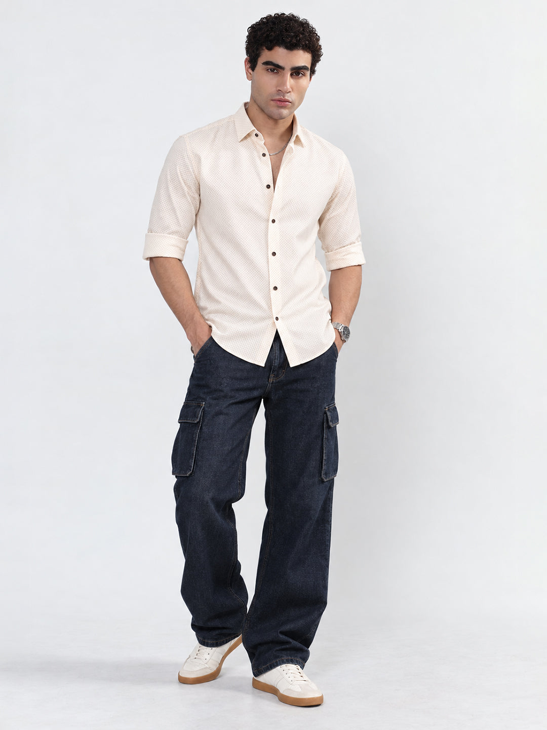 Men’s Geometric Printed Cream Slim Fit Long Sleeves Casual Shirt
