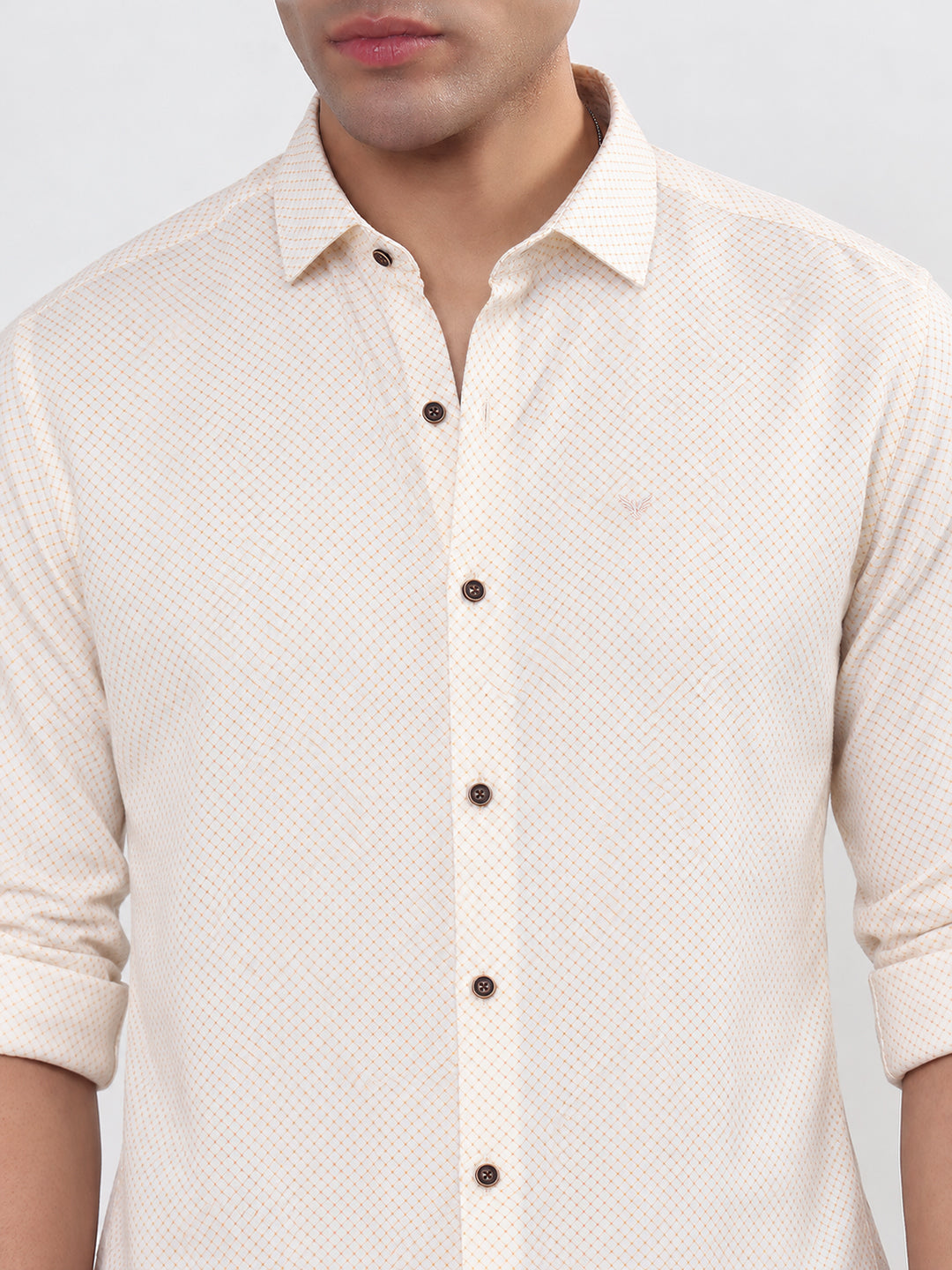Men’s Geometric Printed Cream Slim Fit Long Sleeves Casual Shirt