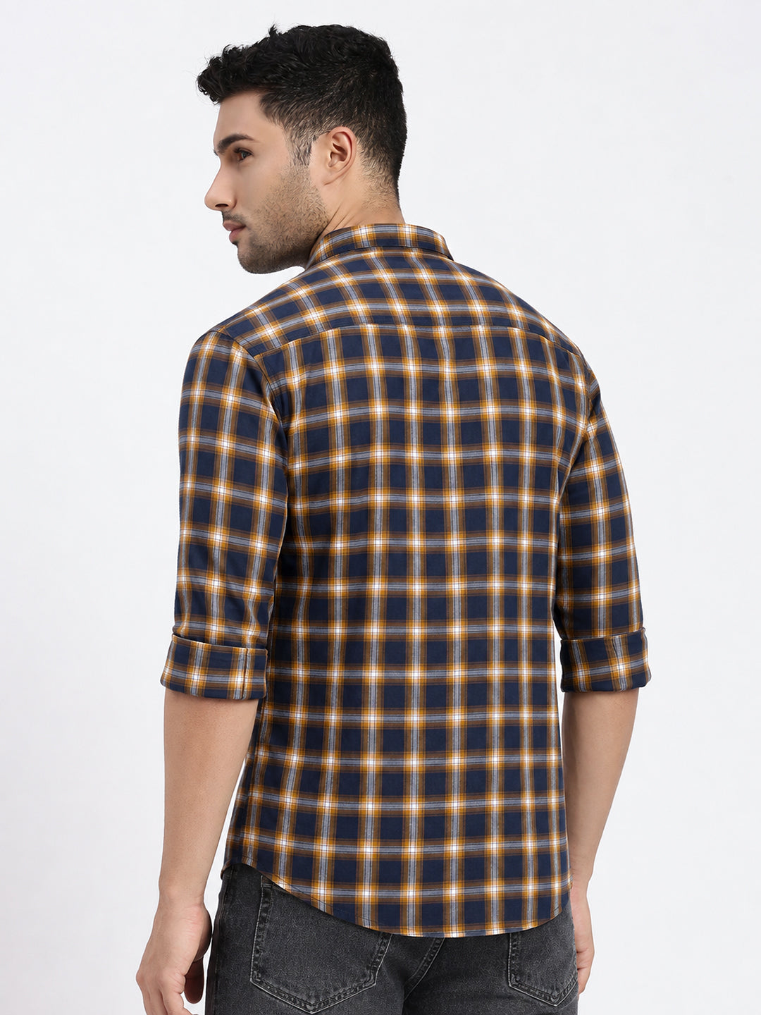 Men’s Checked Navy Blue Slim Fit Long Sleeves Shirt