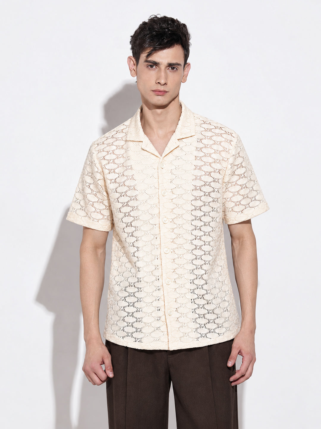 Men’s Textured Cream Relaxed Fit Short Sleeves Shirt