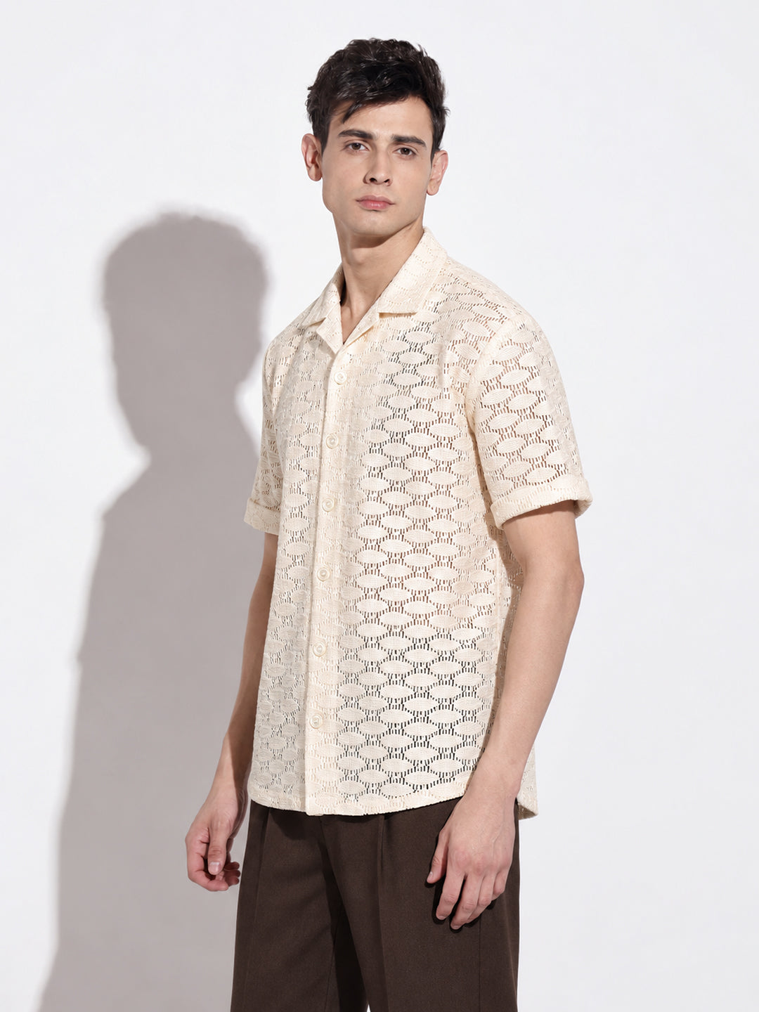 Men’s Textured Cream Relaxed Fit Short Sleeves Shirt
