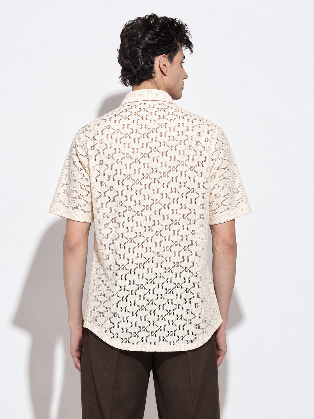 Men’s Textured Cream Relaxed Fit Short Sleeves Shirt