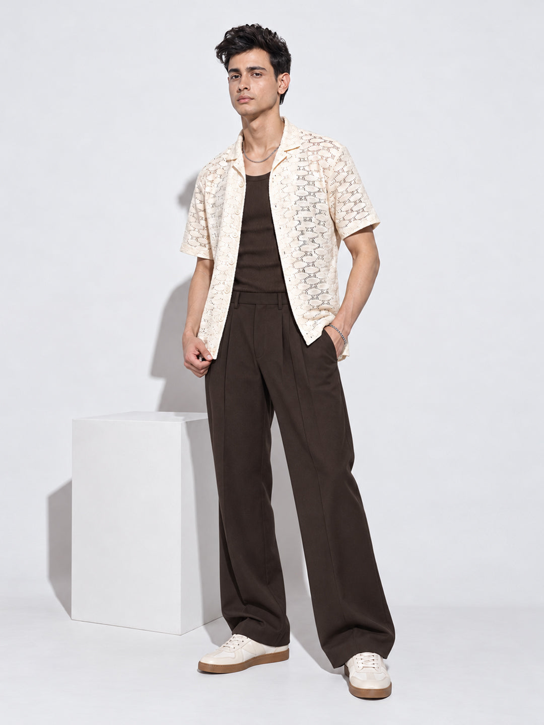 Men’s Textured Cream Relaxed Fit Short Sleeves Shirt