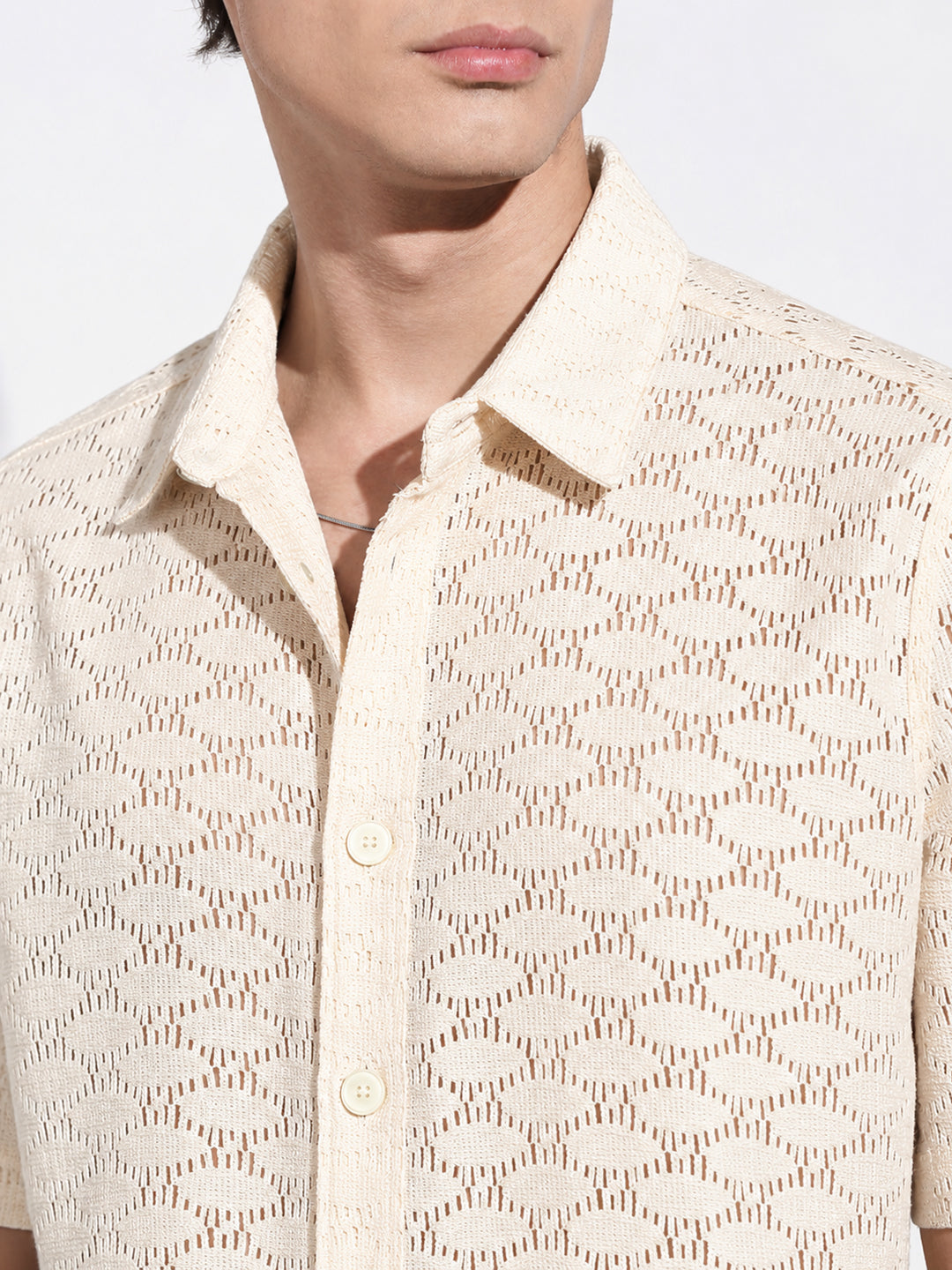 Men’s Textured Cream Relaxed Fit Short Sleeves Shirt