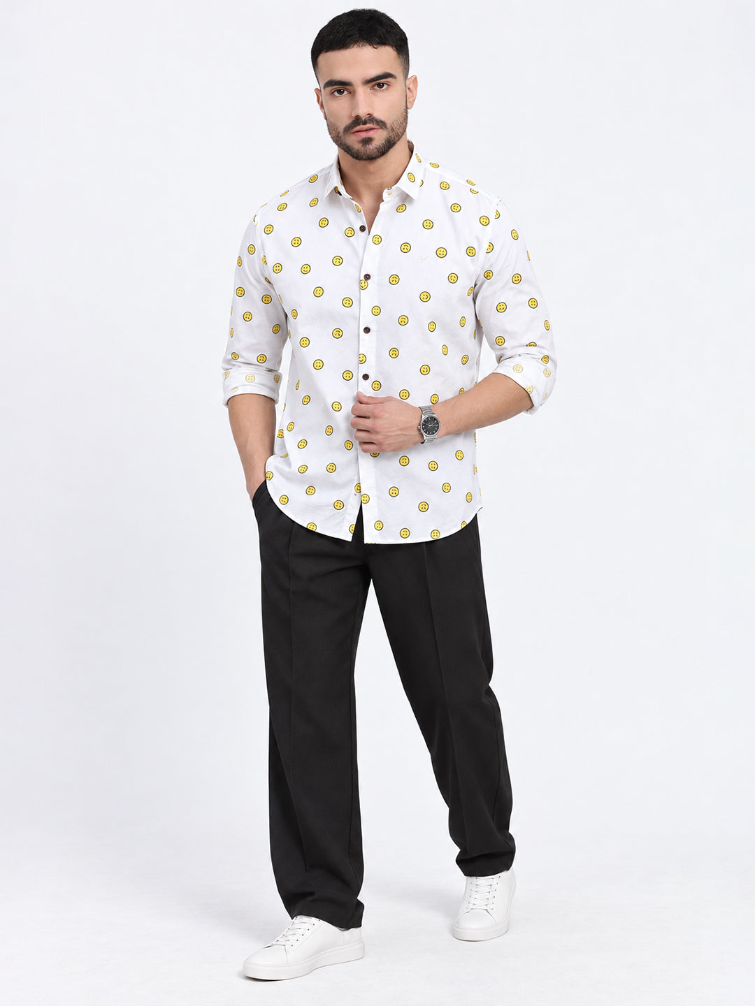 Men’s Graphic Printed White Slim Fit Casual Shirt
