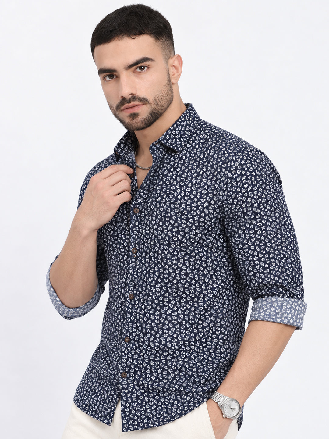 Men’s Micro Floral Printed Navy Blue Slim Fit Casual Shirt