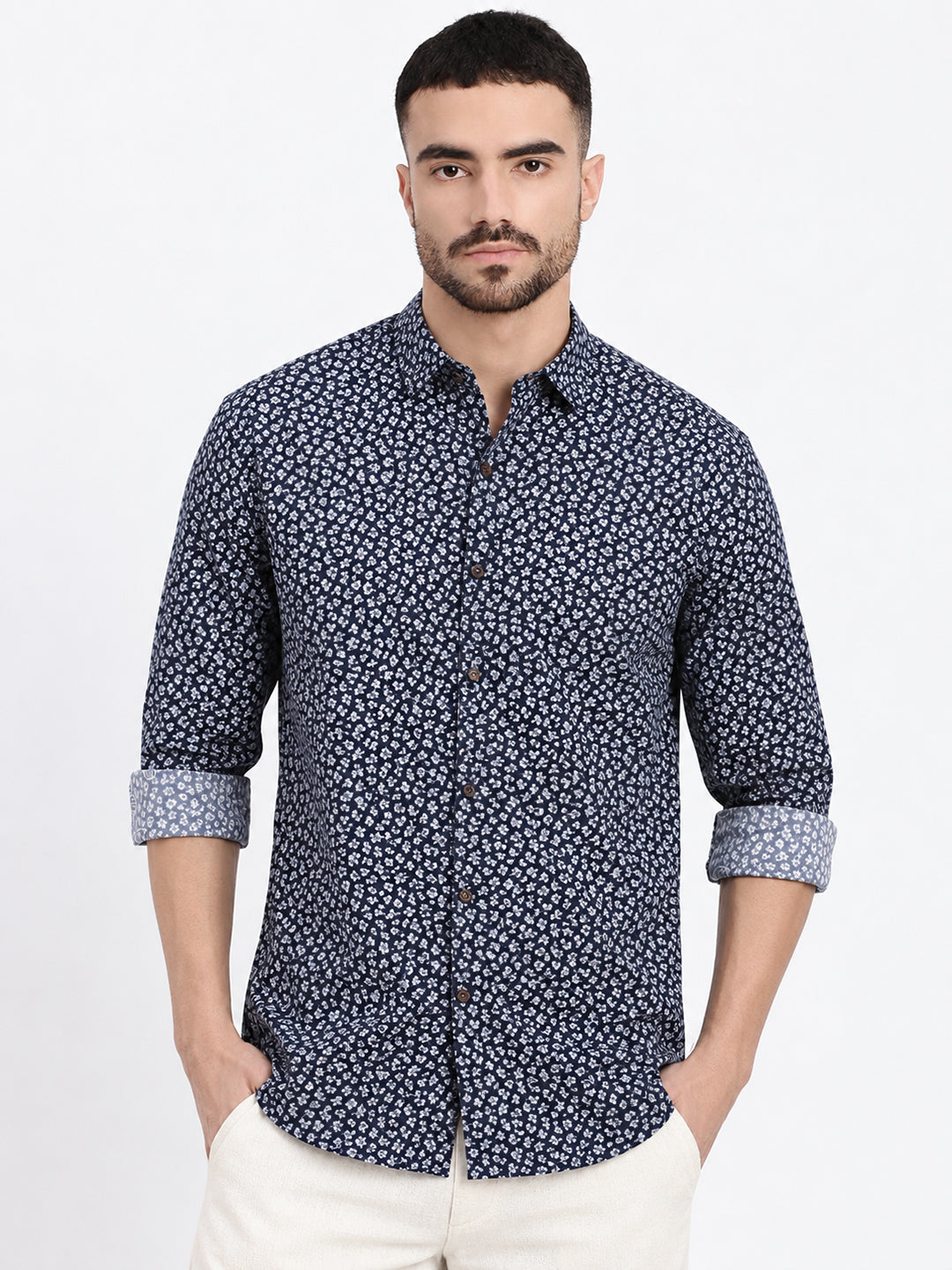 Men’s Micro Floral Printed Navy Blue Slim Fit Casual Shirt