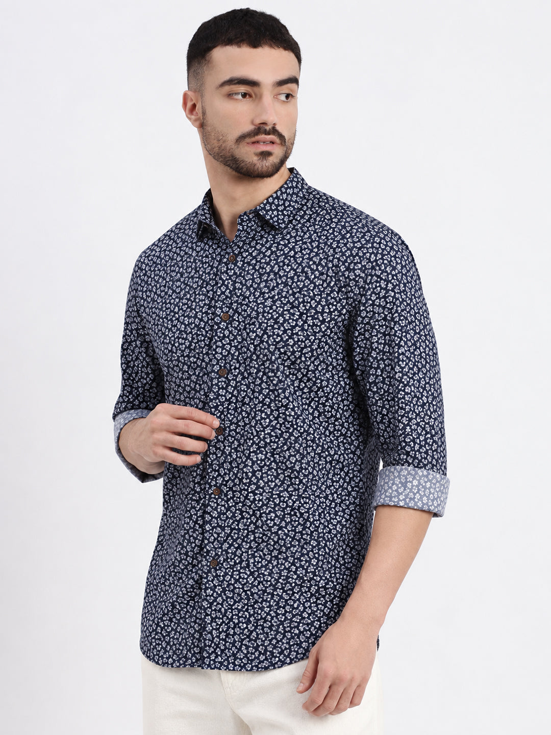 Men’s Micro Floral Printed Navy Blue Slim Fit Casual Shirt