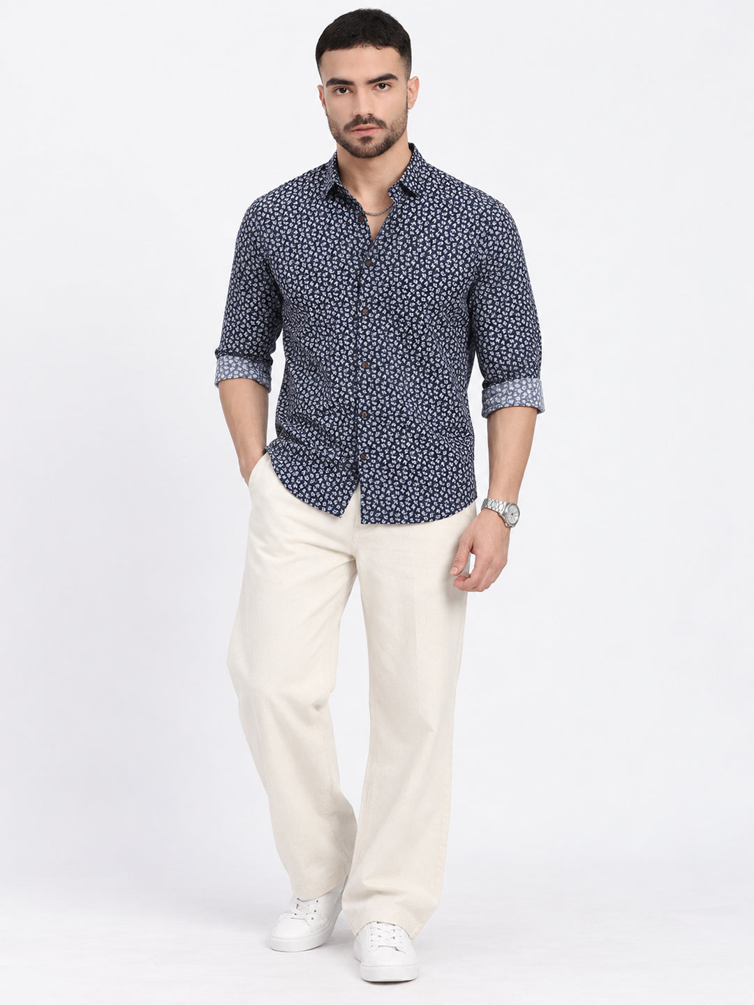 Men’s Micro Floral Printed Navy Blue Slim Fit Casual Shirt