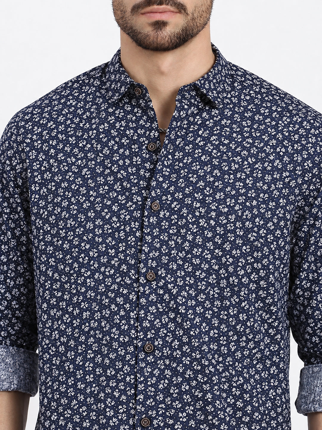 Men’s Micro Floral Printed Navy Blue Slim Fit Casual Shirt