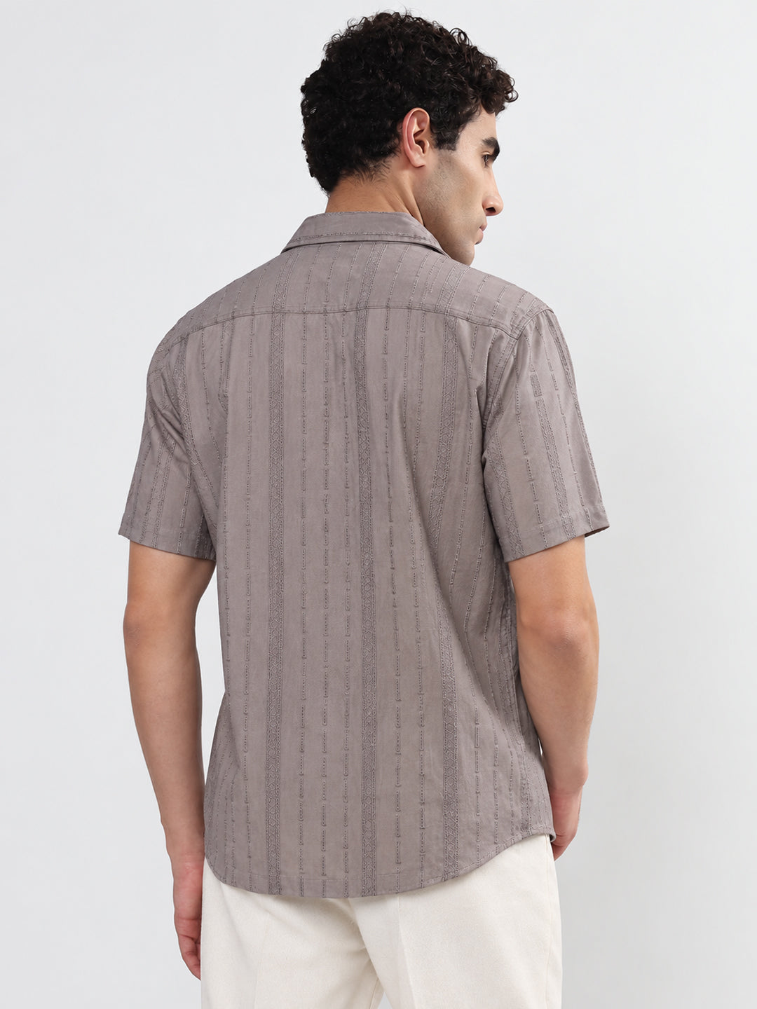 Men’s Striped Grey Relaxed-Fit Short-Sleeve Shirt