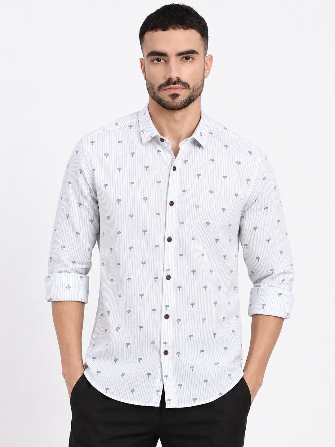 Men’s Graphic Printed White Slim Fit Casual Shirt