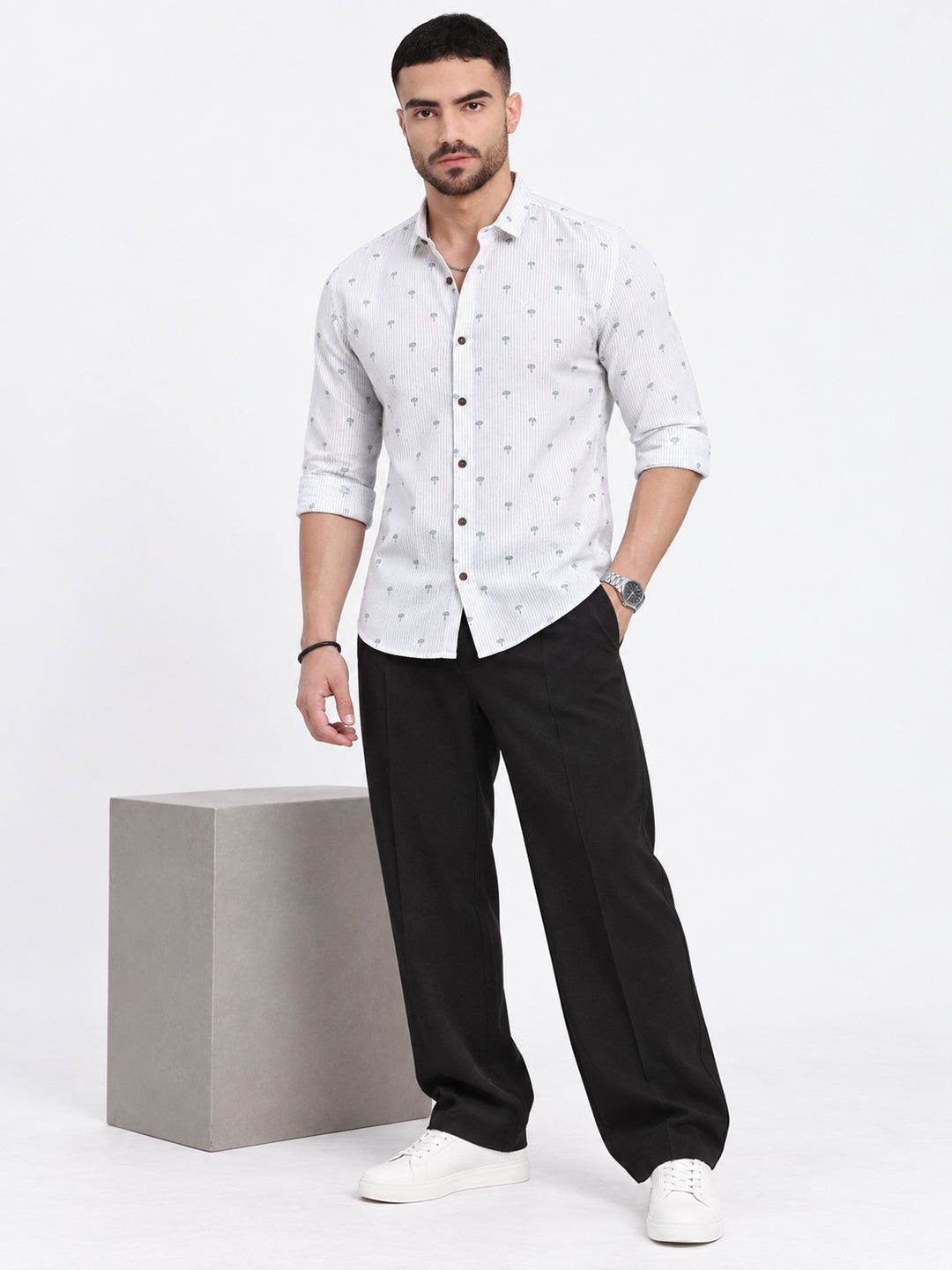Men’s Graphic Printed White Slim Fit Casual Shirt