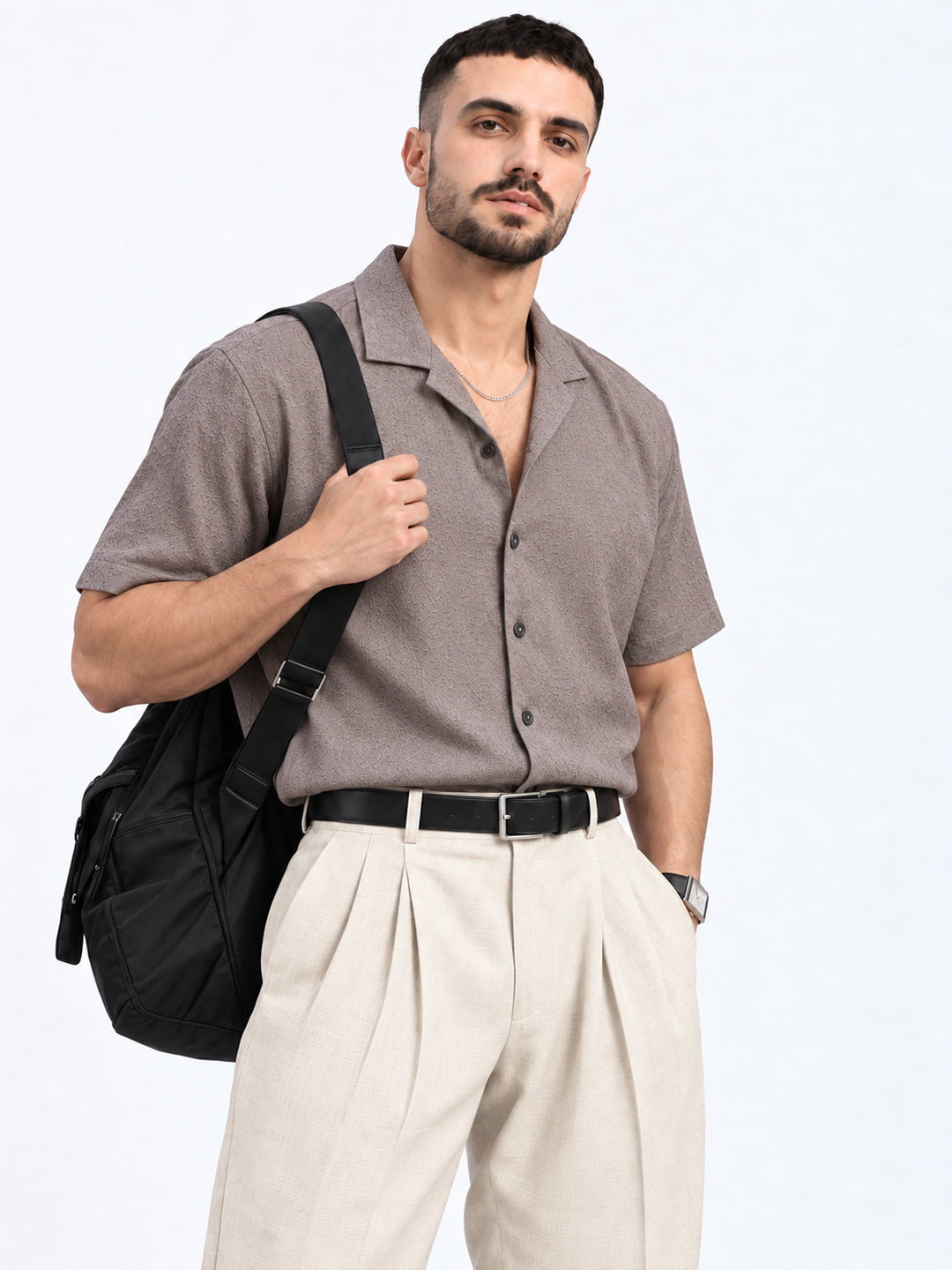 Men’s Floral Embroidered Grey Relaxed Fit Short Sleeves Shirt