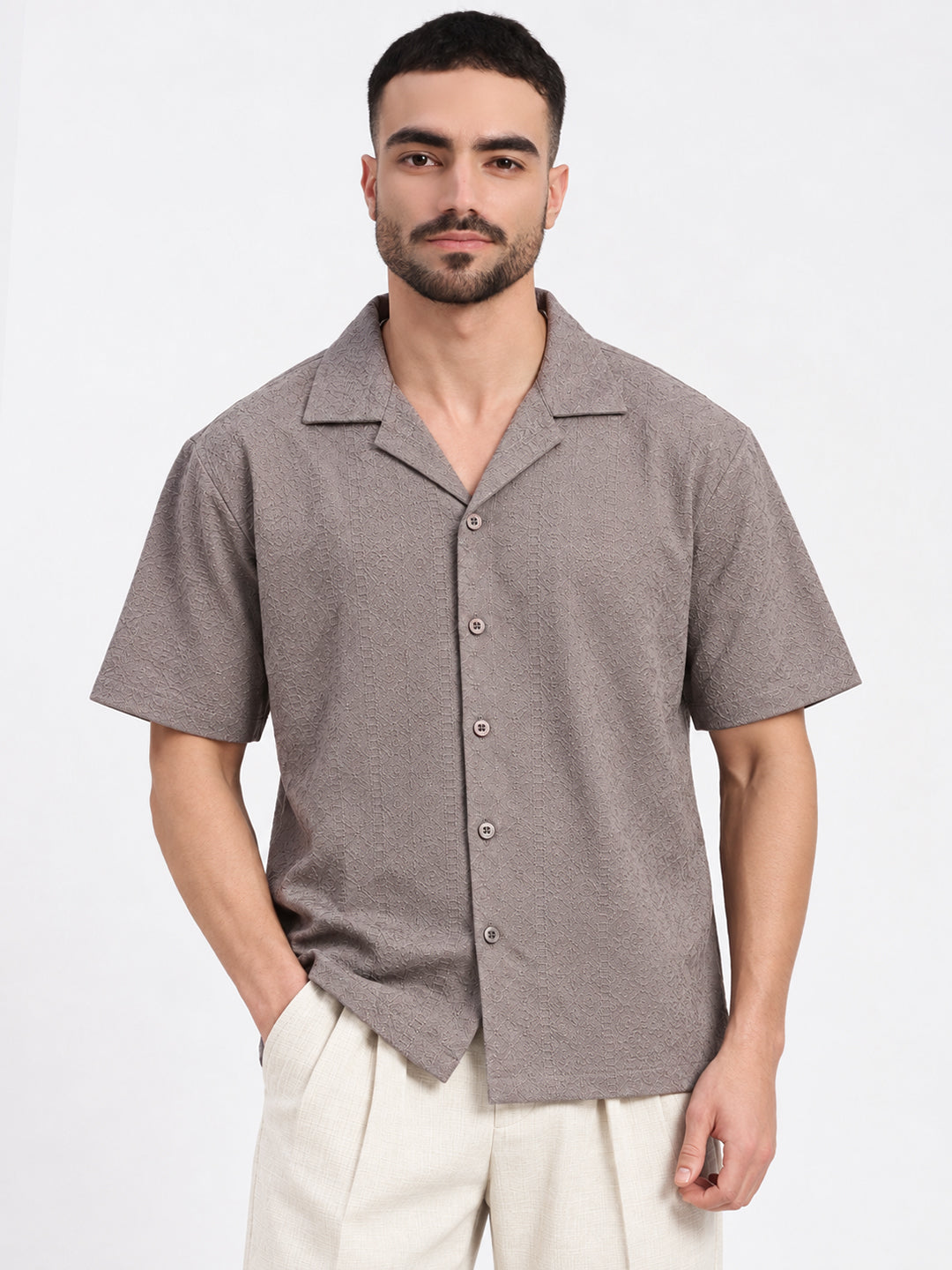 Men’s Floral Embroidered Grey Relaxed Fit Short Sleeves Shirt