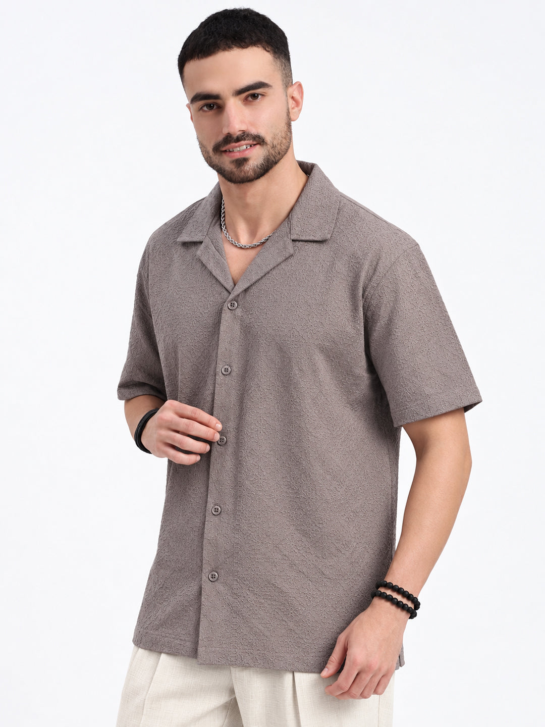 Men’s Floral Embroidered Grey Relaxed Fit Short Sleeves Shirt