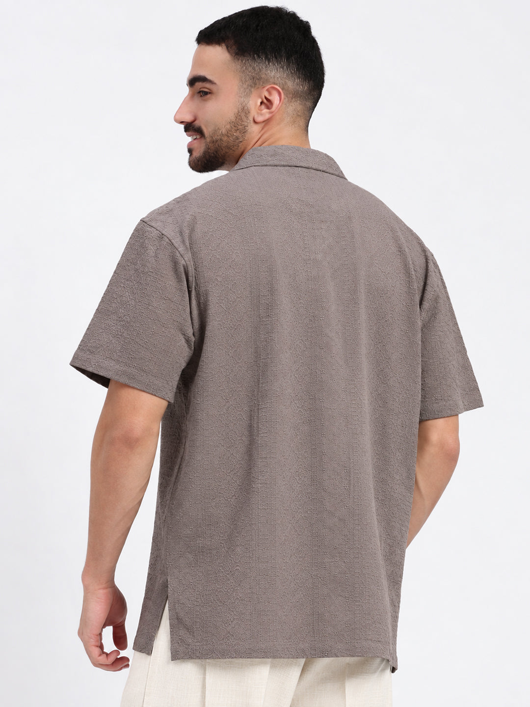 Men’s Floral Embroidered Grey Relaxed Fit Short Sleeves Shirt