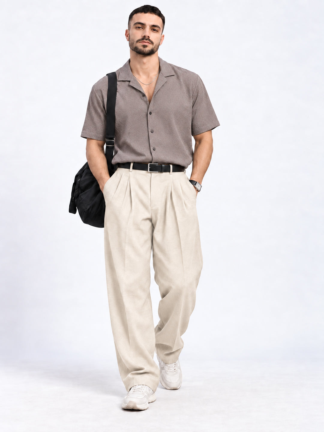 Men’s Floral Embroidered Grey Relaxed Fit Short Sleeves Shirt