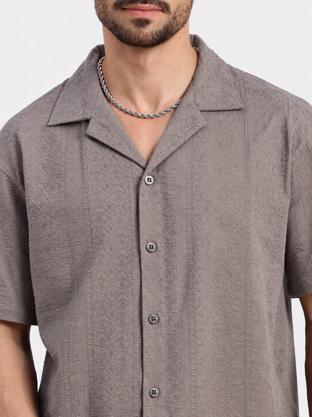 Men’s Floral Embroidered Grey Relaxed Fit Short Sleeves Shirt