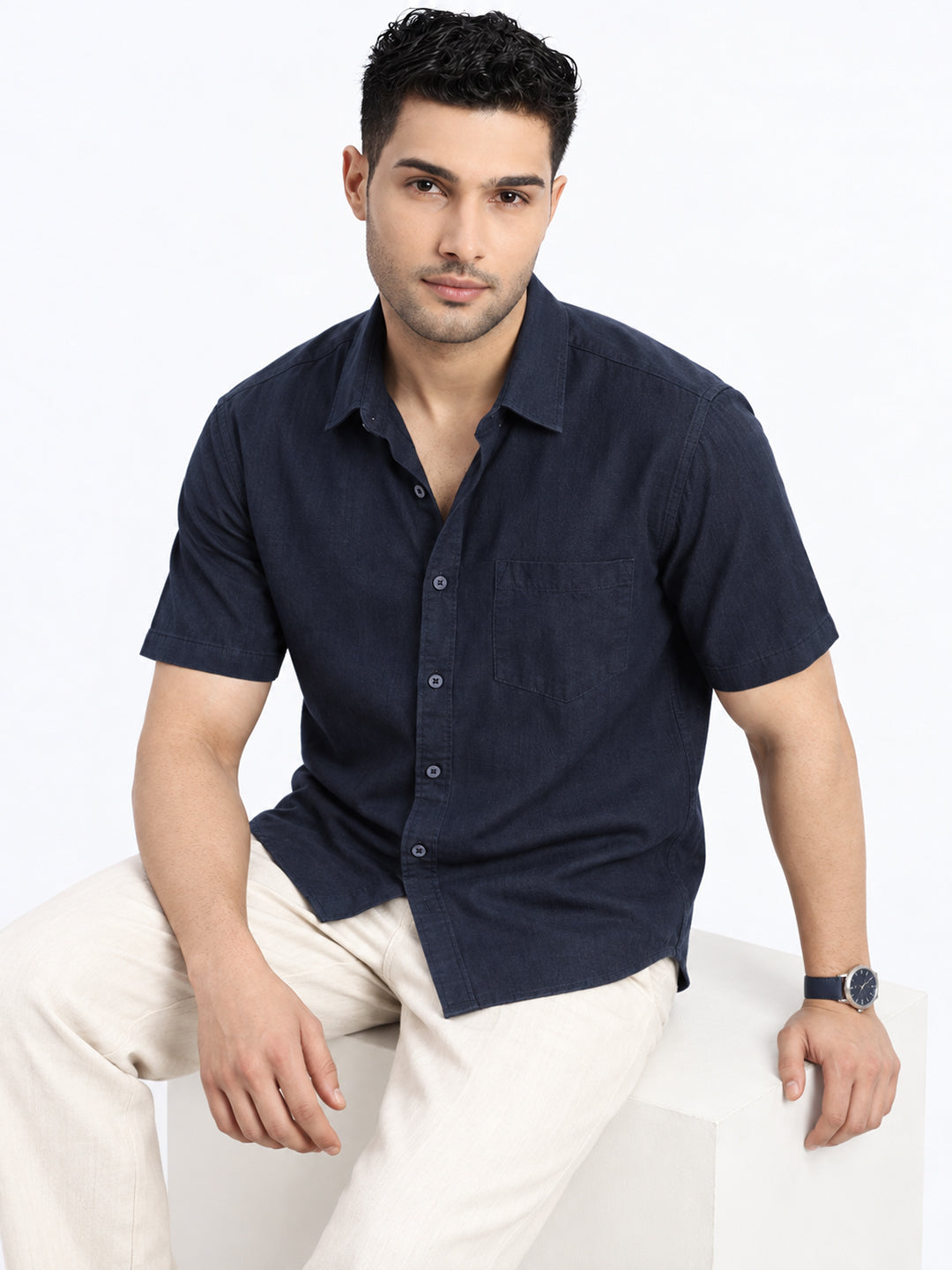 Men’s Navy Blue Regular Fit Short Sleeves Casual Shirt