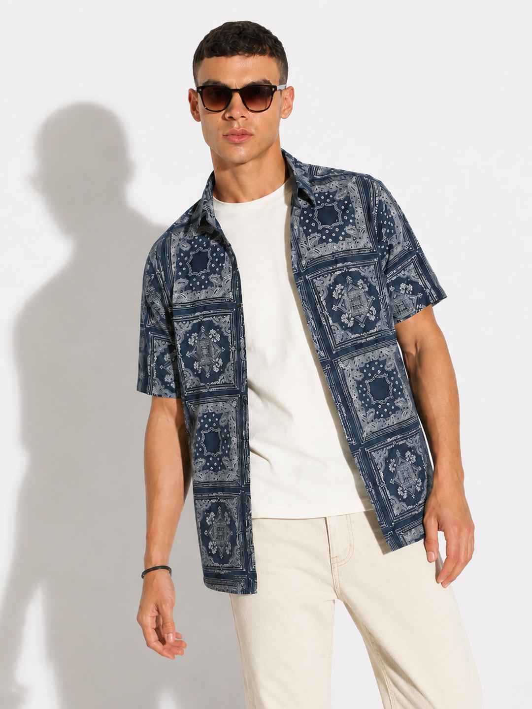 Men’s Ethnic Motifs Navy Blue Regular Fit Short Sleeves Casual Shirt