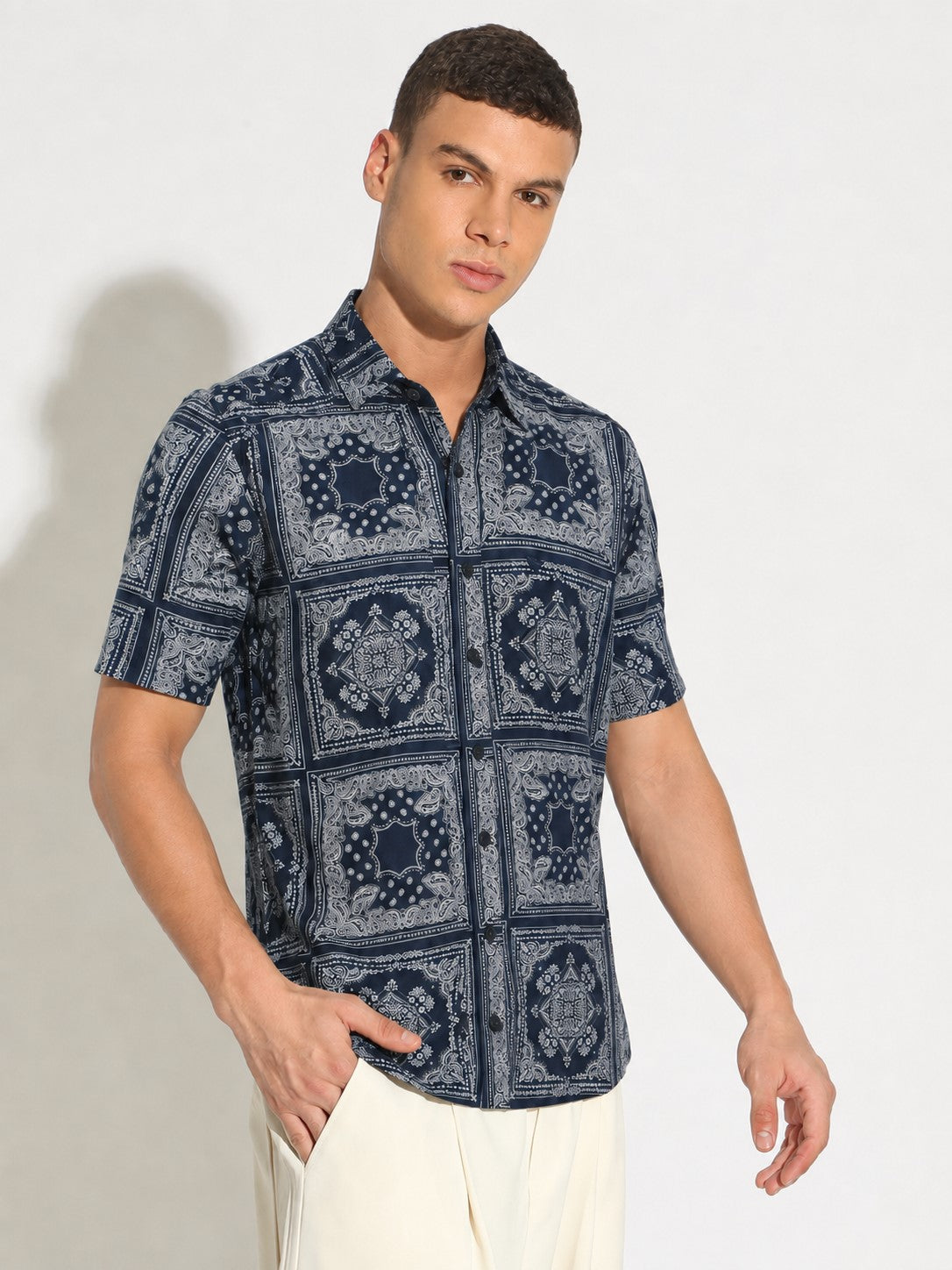 Men’s Ethnic Motifs Navy Blue Regular Fit Short Sleeves Casual Shirt