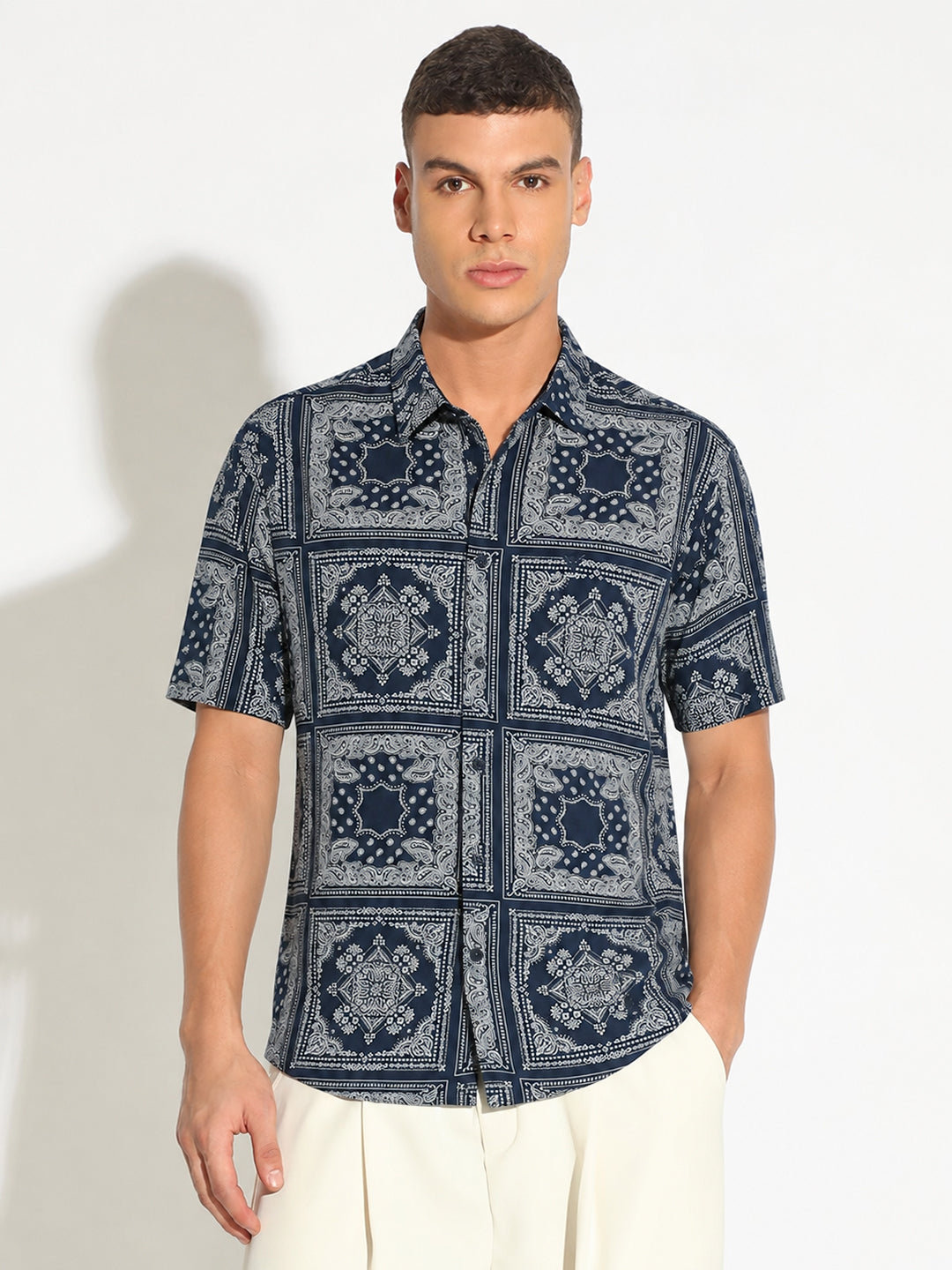 Men’s Ethnic Motifs Navy Blue Regular Fit Short Sleeves Casual Shirt