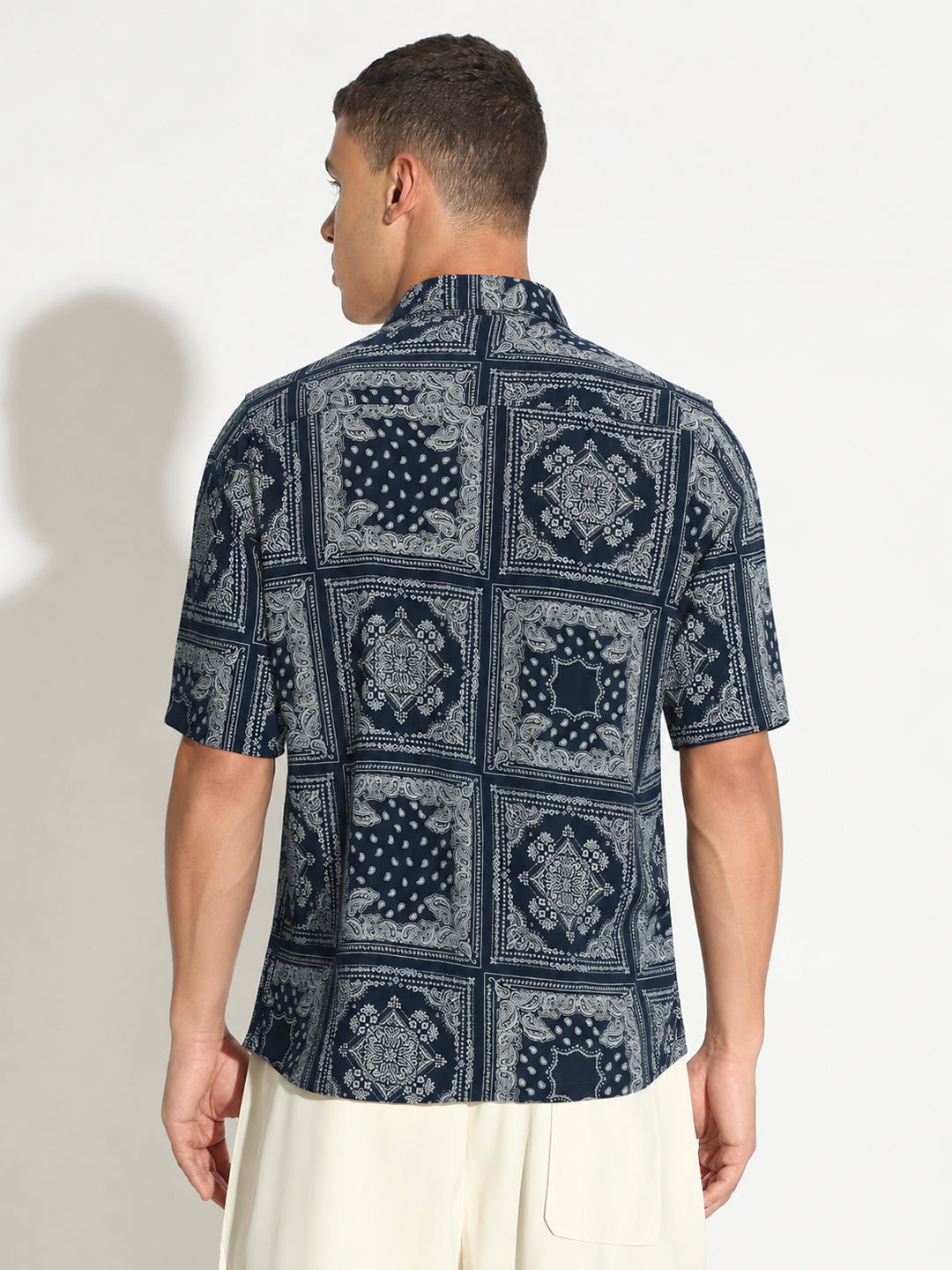 Men’s Ethnic Motifs Navy Blue Regular Fit Short Sleeves Casual Shirt