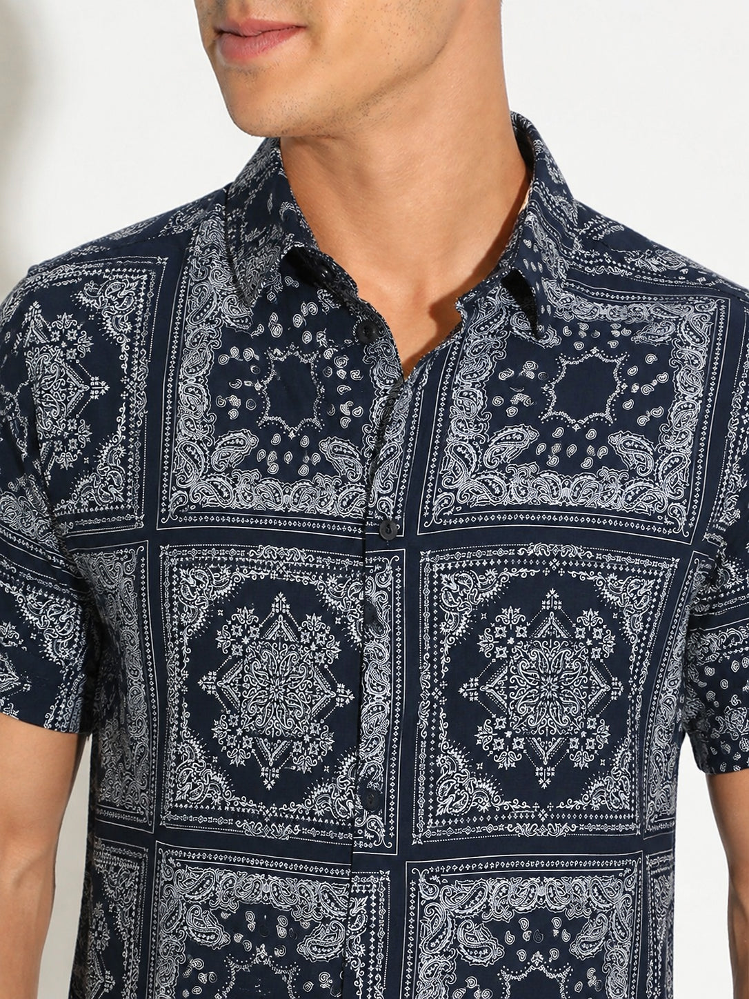 Men’s Ethnic Motifs Navy Blue Regular Fit Short Sleeves Casual Shirt
