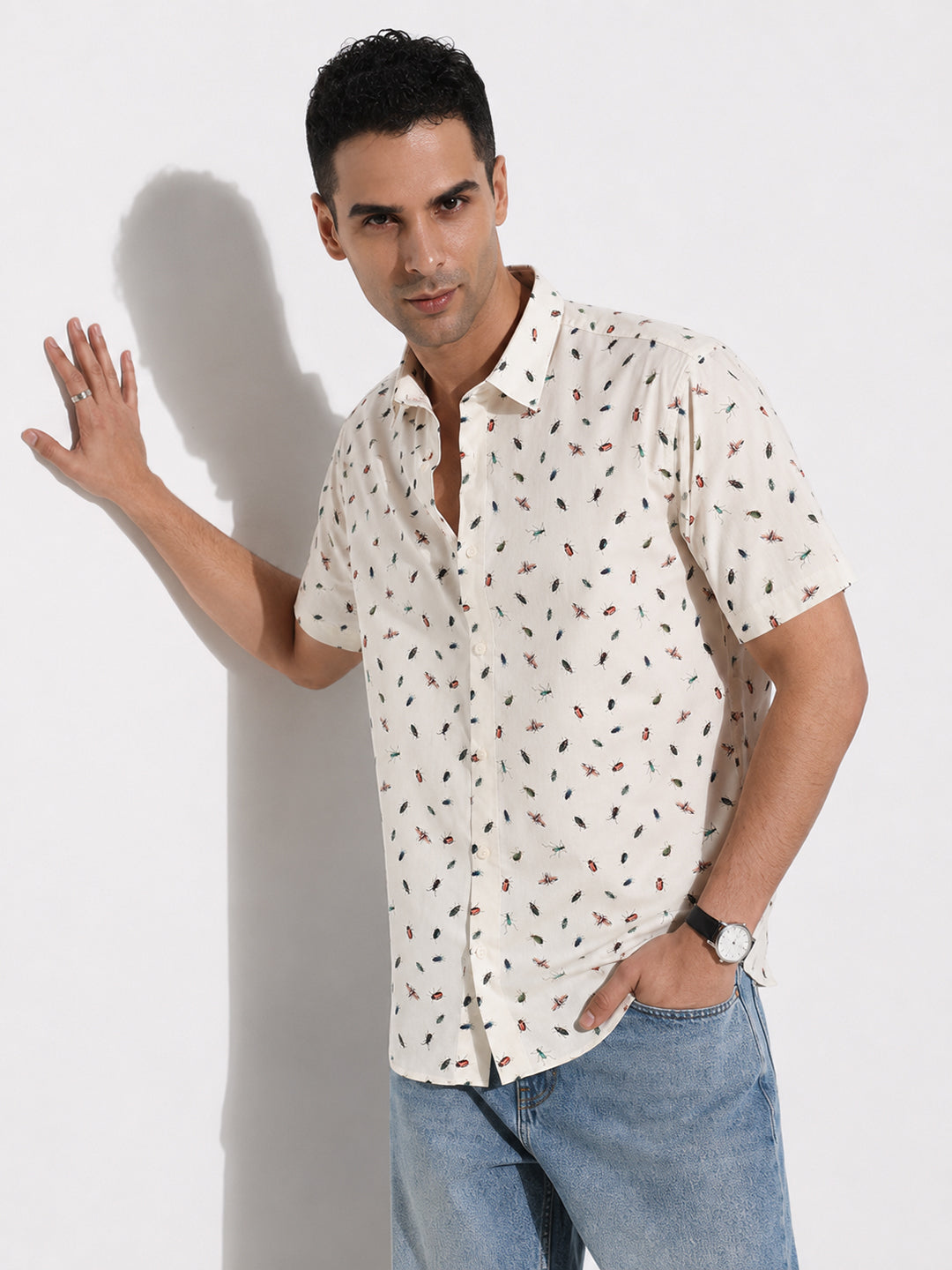 Men’s Animal Printed Cream Regular Fit Short Sleeves Casual Shirt