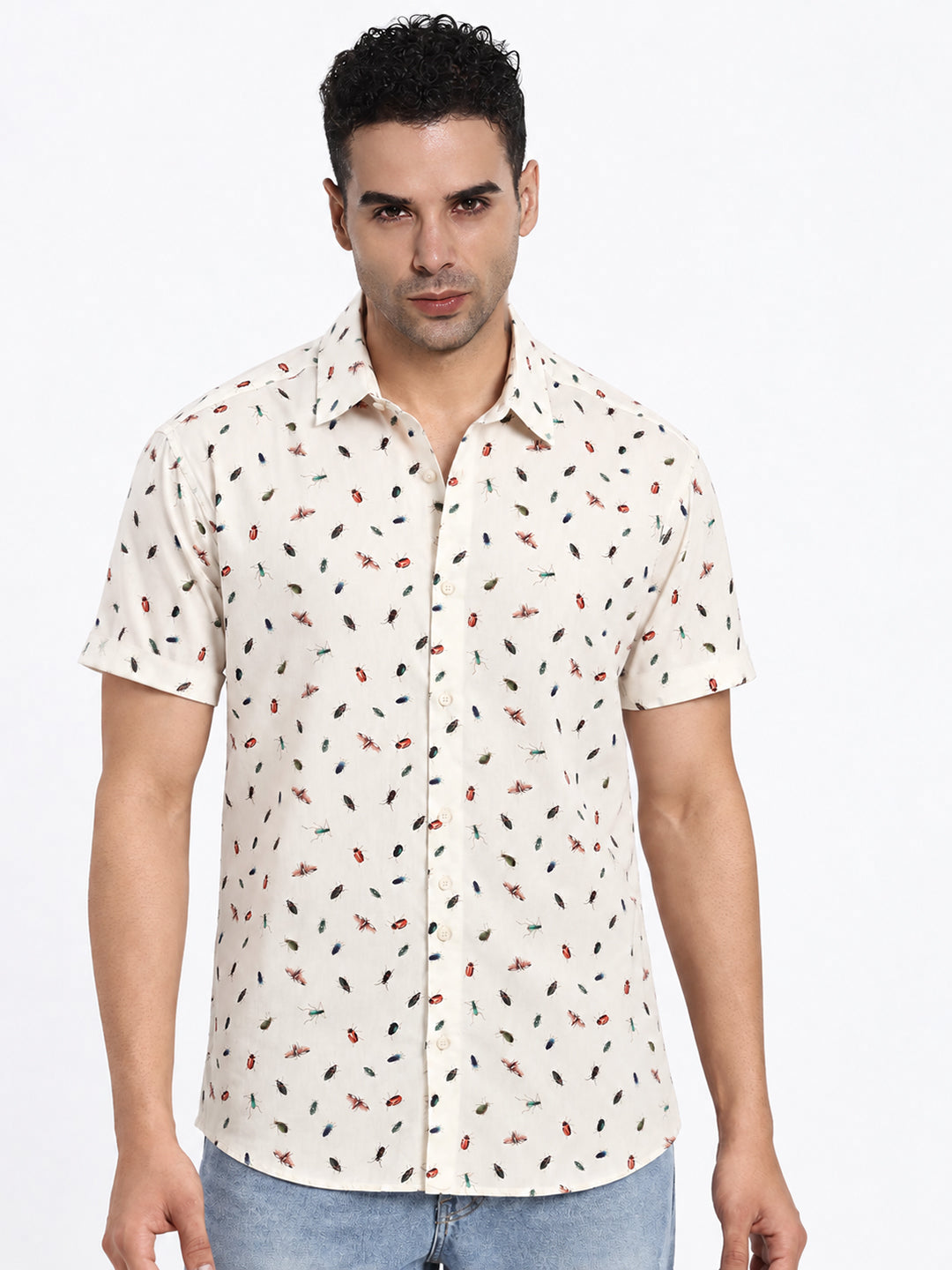 Men’s Animal Printed Cream Regular Fit Short Sleeves Casual Shirt