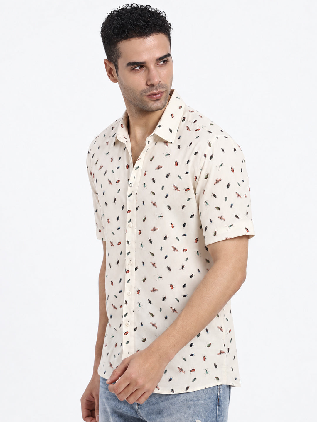 Men’s Animal Printed Cream Regular Fit Short Sleeves Casual Shirt
