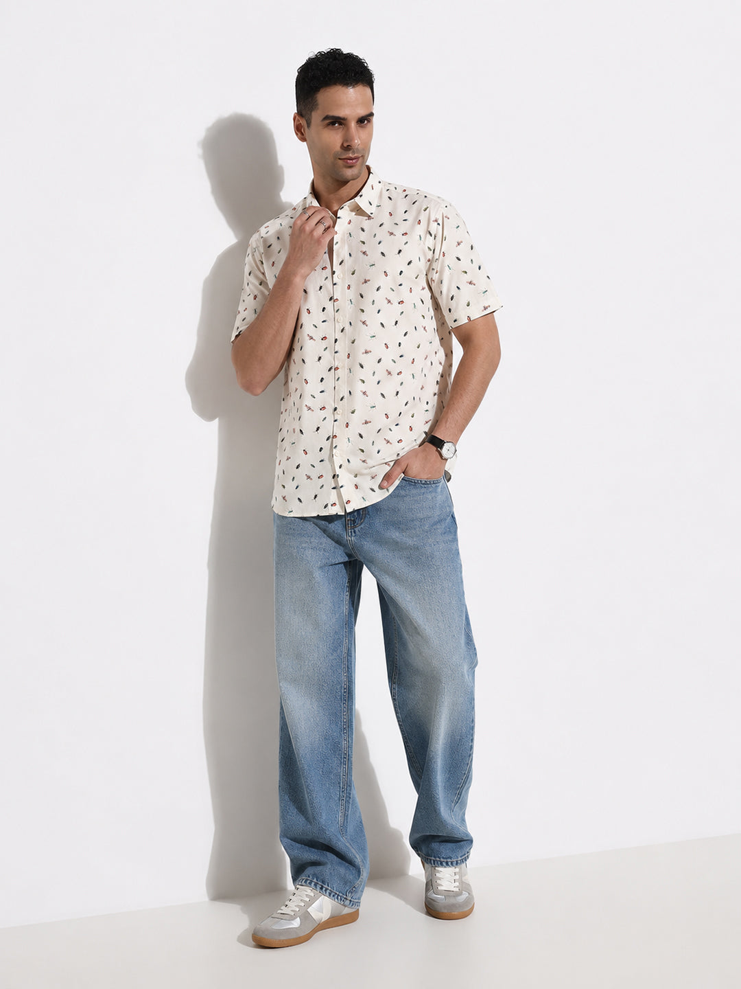 Men’s Animal Printed Cream Regular Fit Short Sleeves Casual Shirt