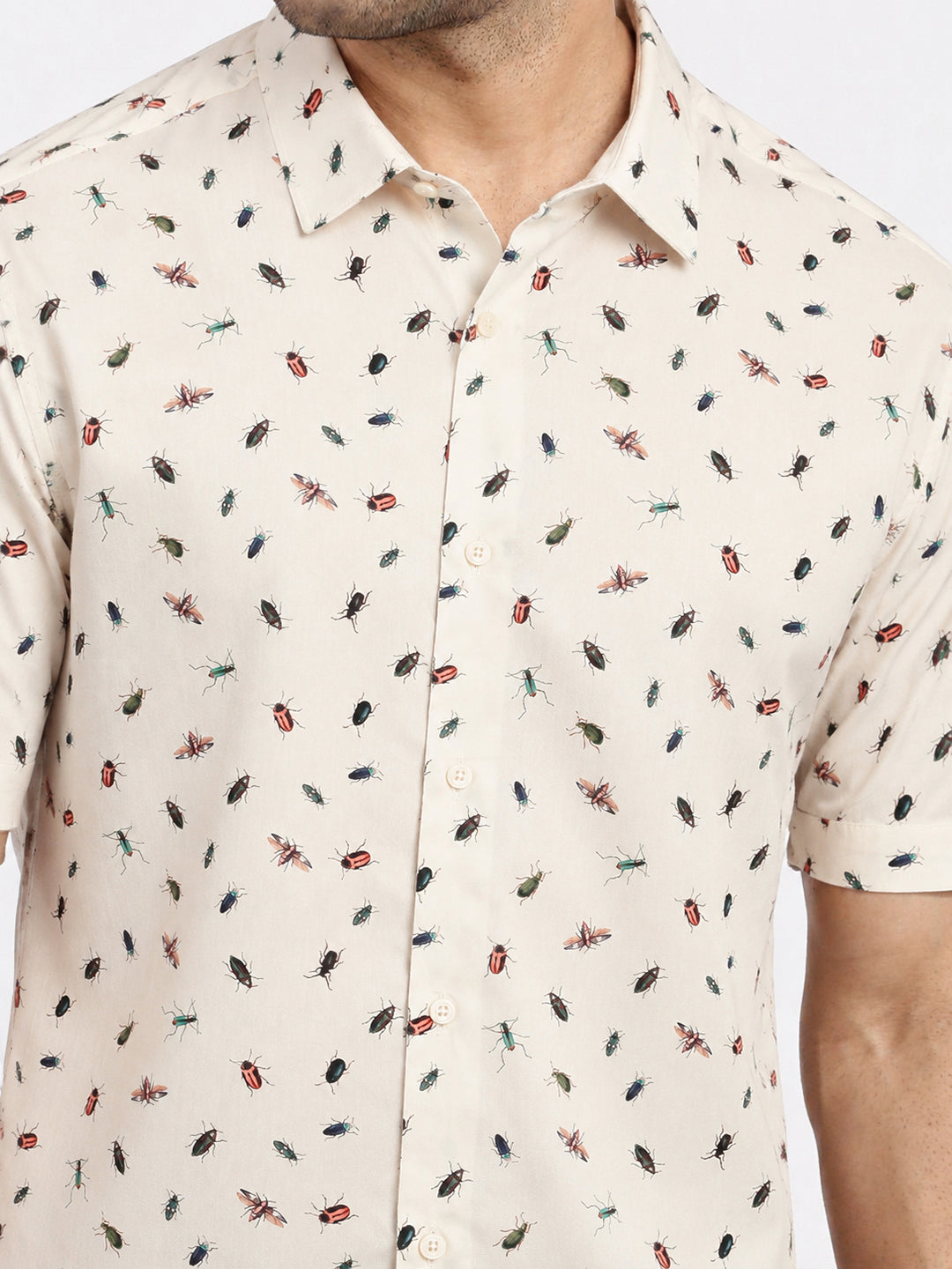 Men’s Animal Printed Cream Regular Fit Short Sleeves Casual Shirt