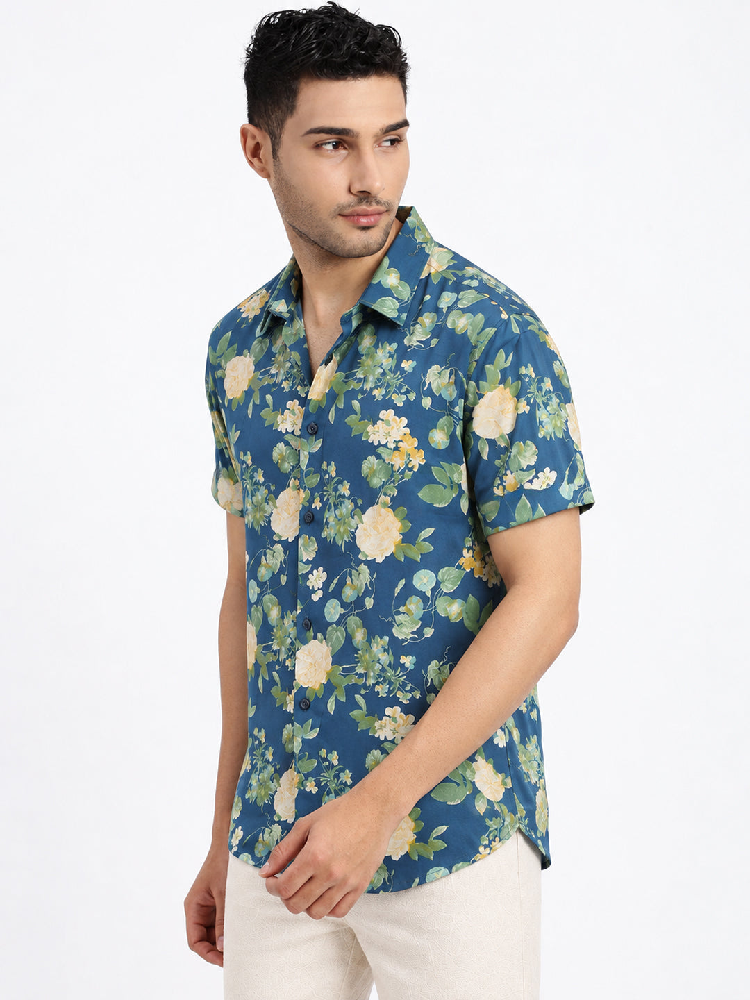 Men’s Floral Printed Blue Regular Fit Short Sleeves Casual Shirt