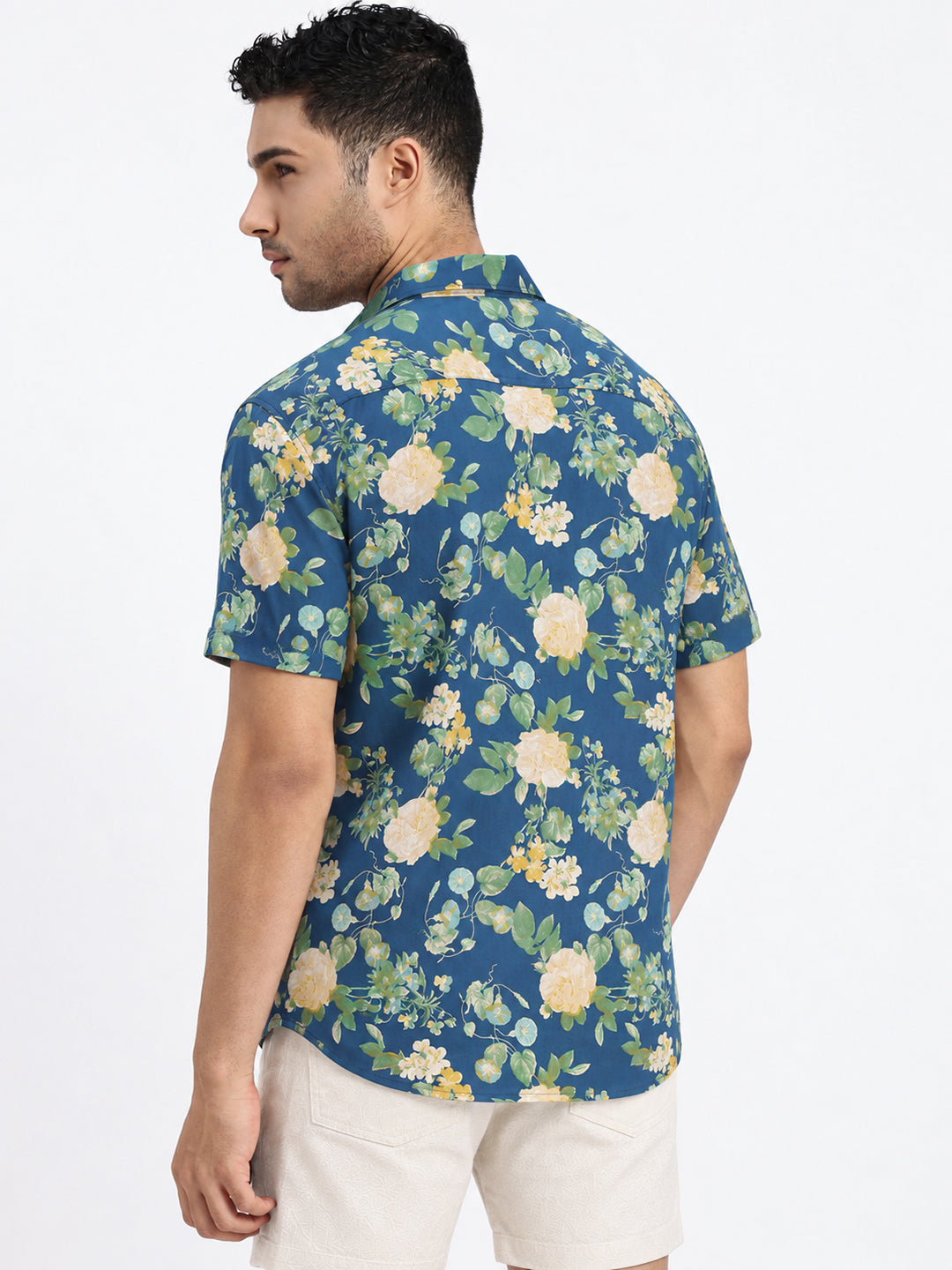 Men’s Floral Printed Blue Regular Fit Short Sleeves Casual Shirt