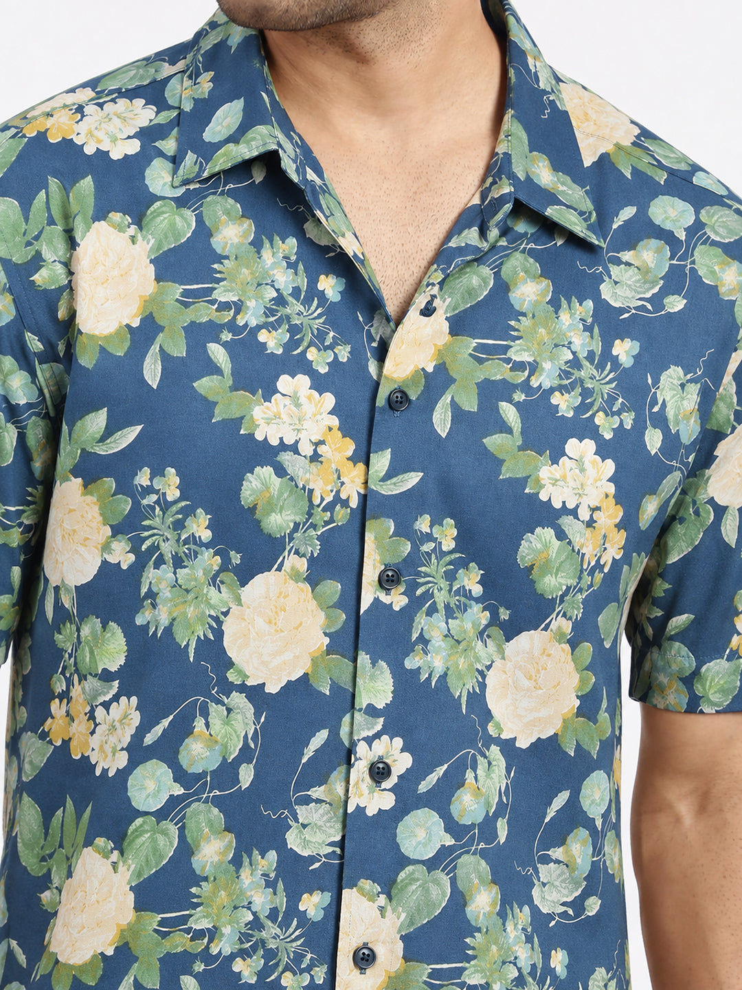 Men’s Floral Printed Blue Regular Fit Short Sleeves Casual Shirt