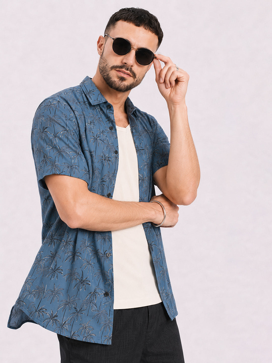 Men’s Tropical Printed Blue Regular Fit Short Sleeves Casual Shirt