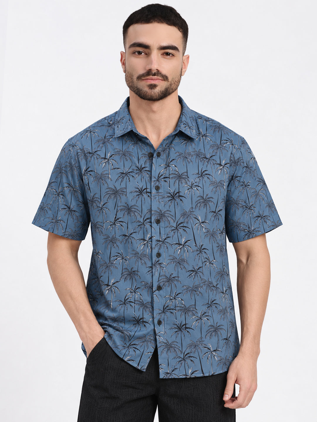 Men’s Tropical Printed Blue Regular Fit Short Sleeves Casual Shirt