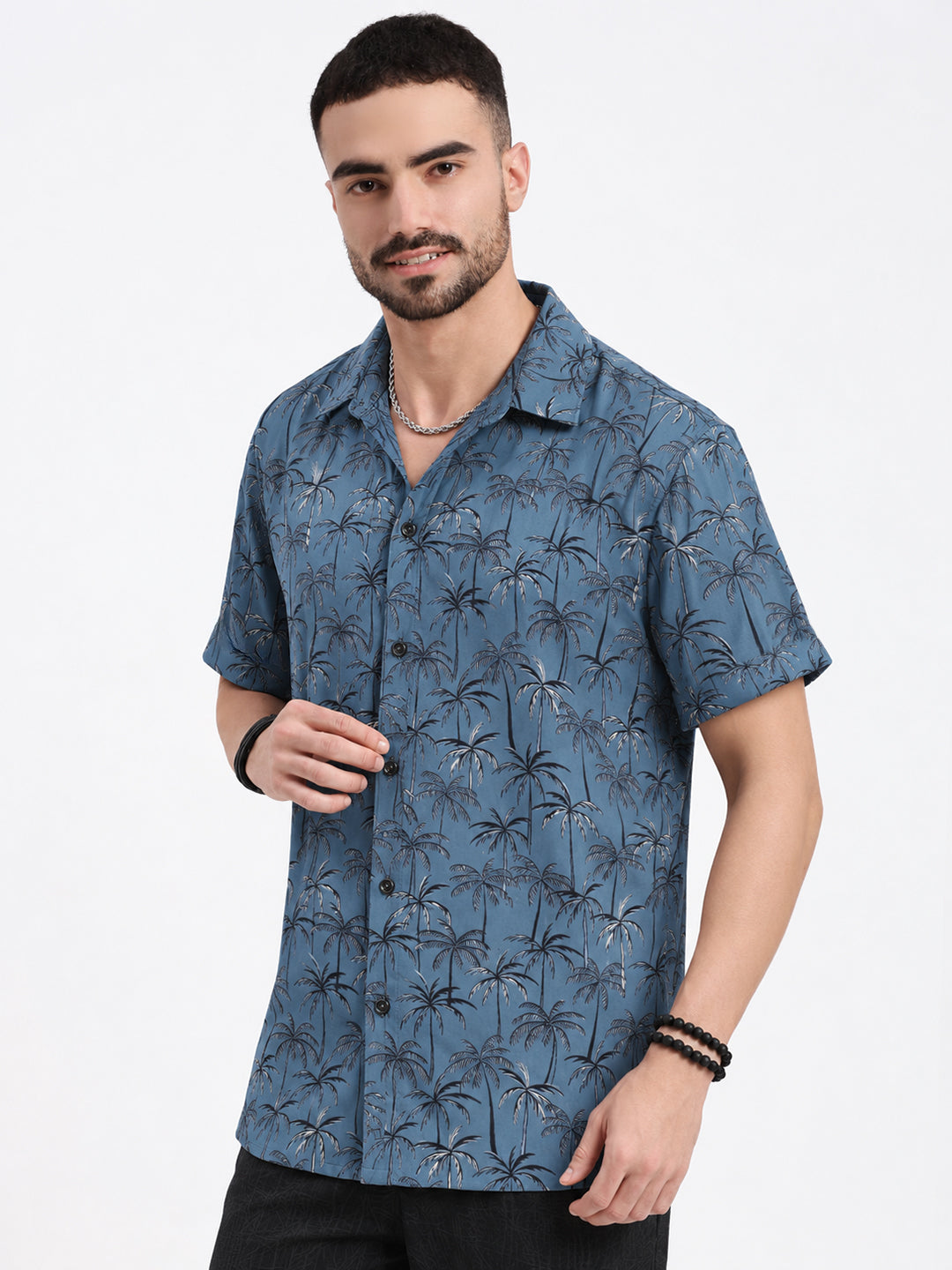 Men’s Tropical Printed Blue Regular Fit Short Sleeves Casual Shirt