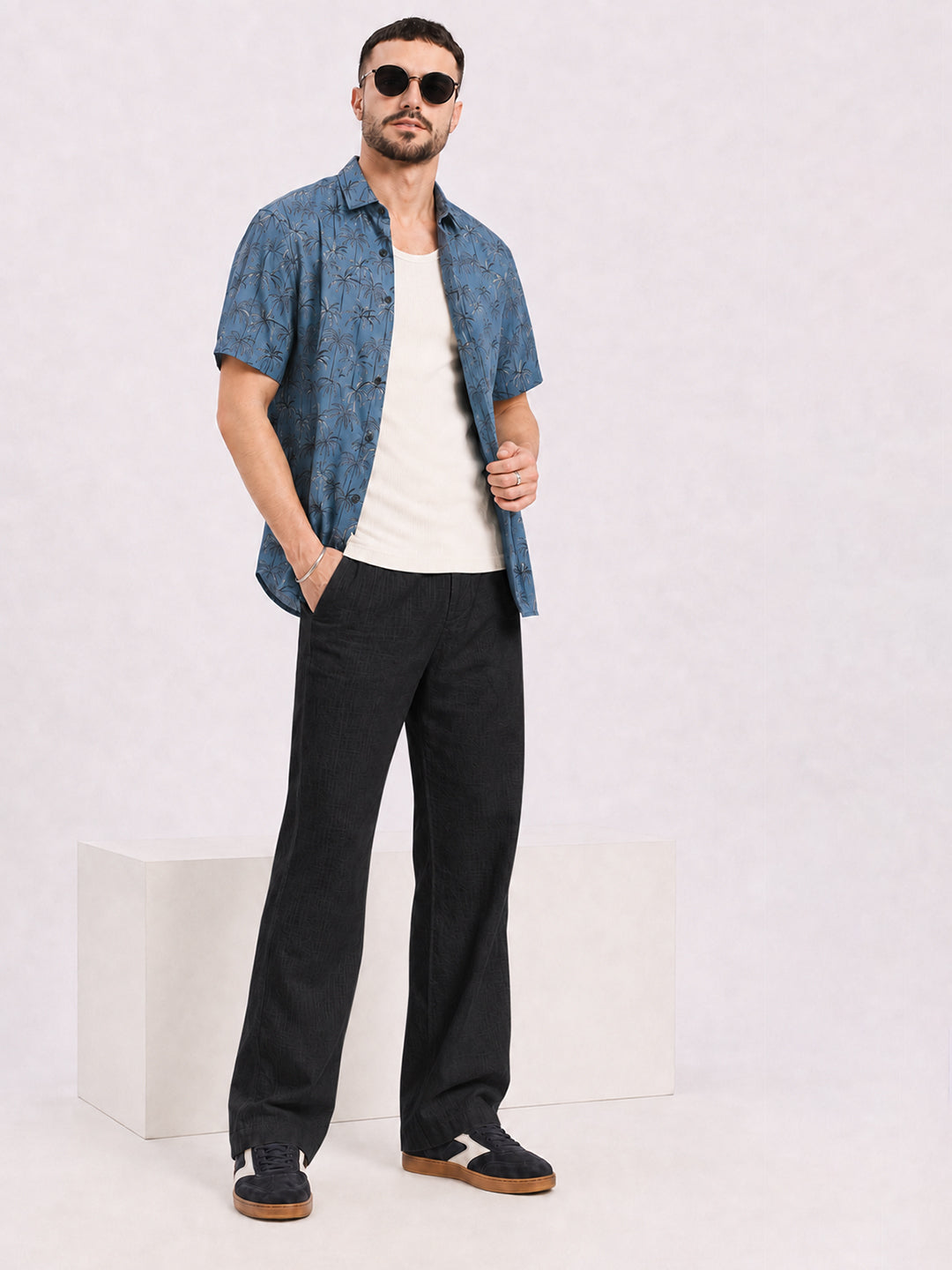 Men’s Tropical Printed Blue Regular Fit Short Sleeves Casual Shirt
