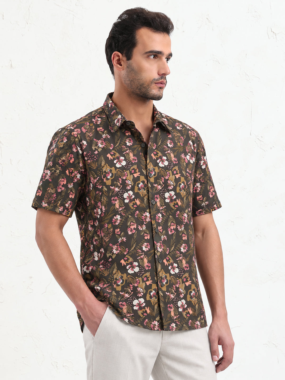 Men’s Floral Printed Olive Regular Fit Short Sleeves Casual Shirt