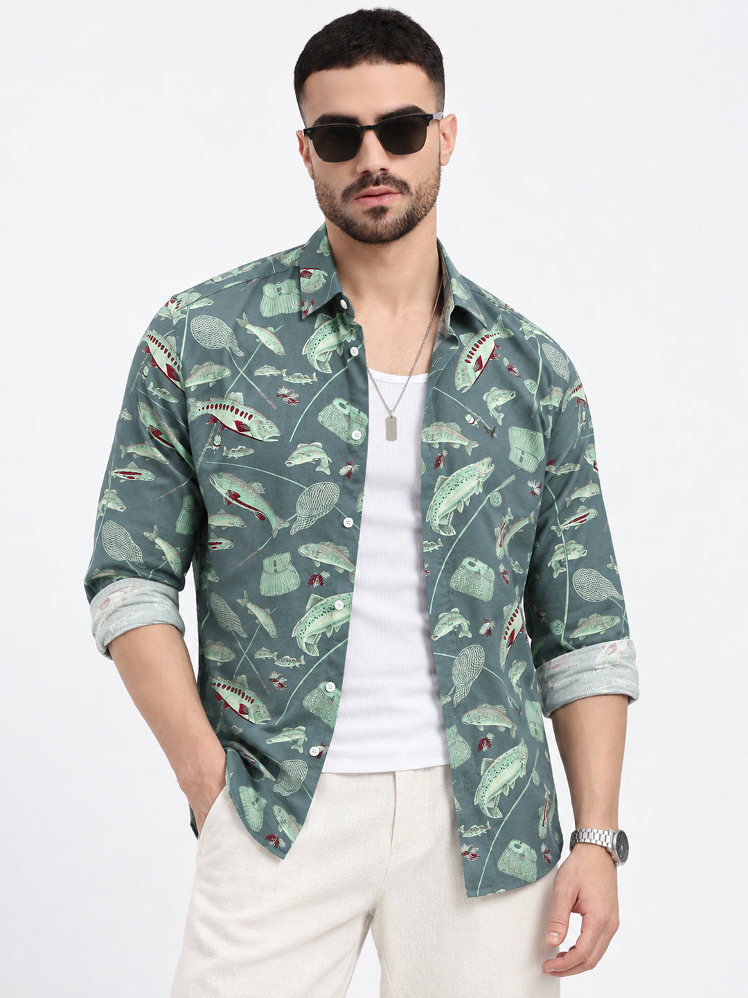 Men’s Animal Printed Green Slim Fit Long Sleeves Shirt