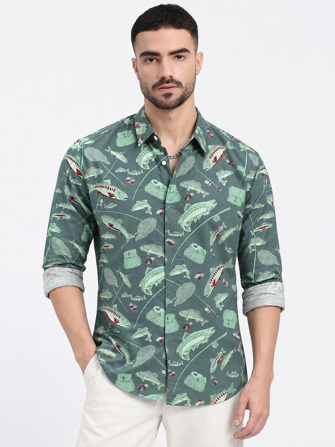 Men’s Animal Printed Green Slim Fit Long Sleeves Shirt