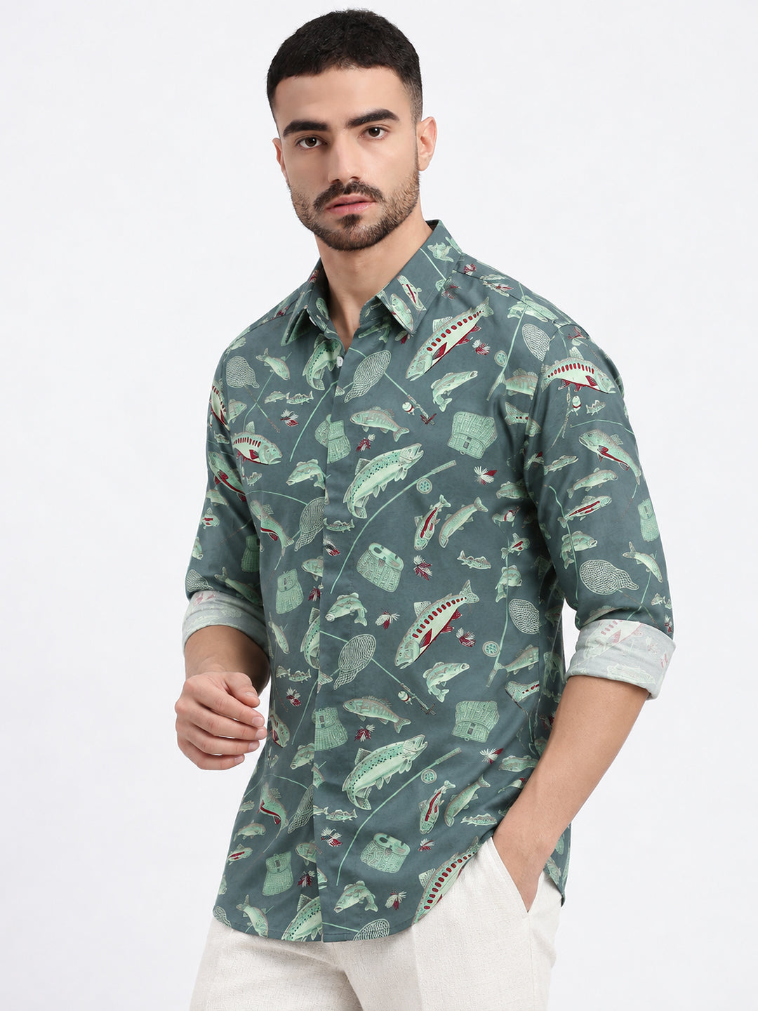 Men’s Animal Printed Green Slim Fit Long Sleeves Shirt