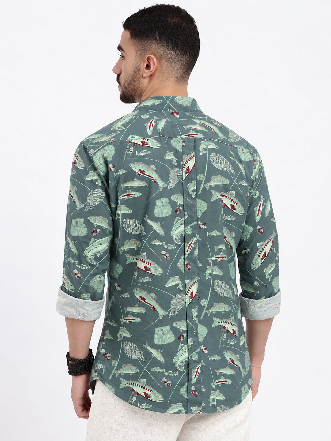 Men’s Animal Printed Green Slim Fit Long Sleeves Shirt