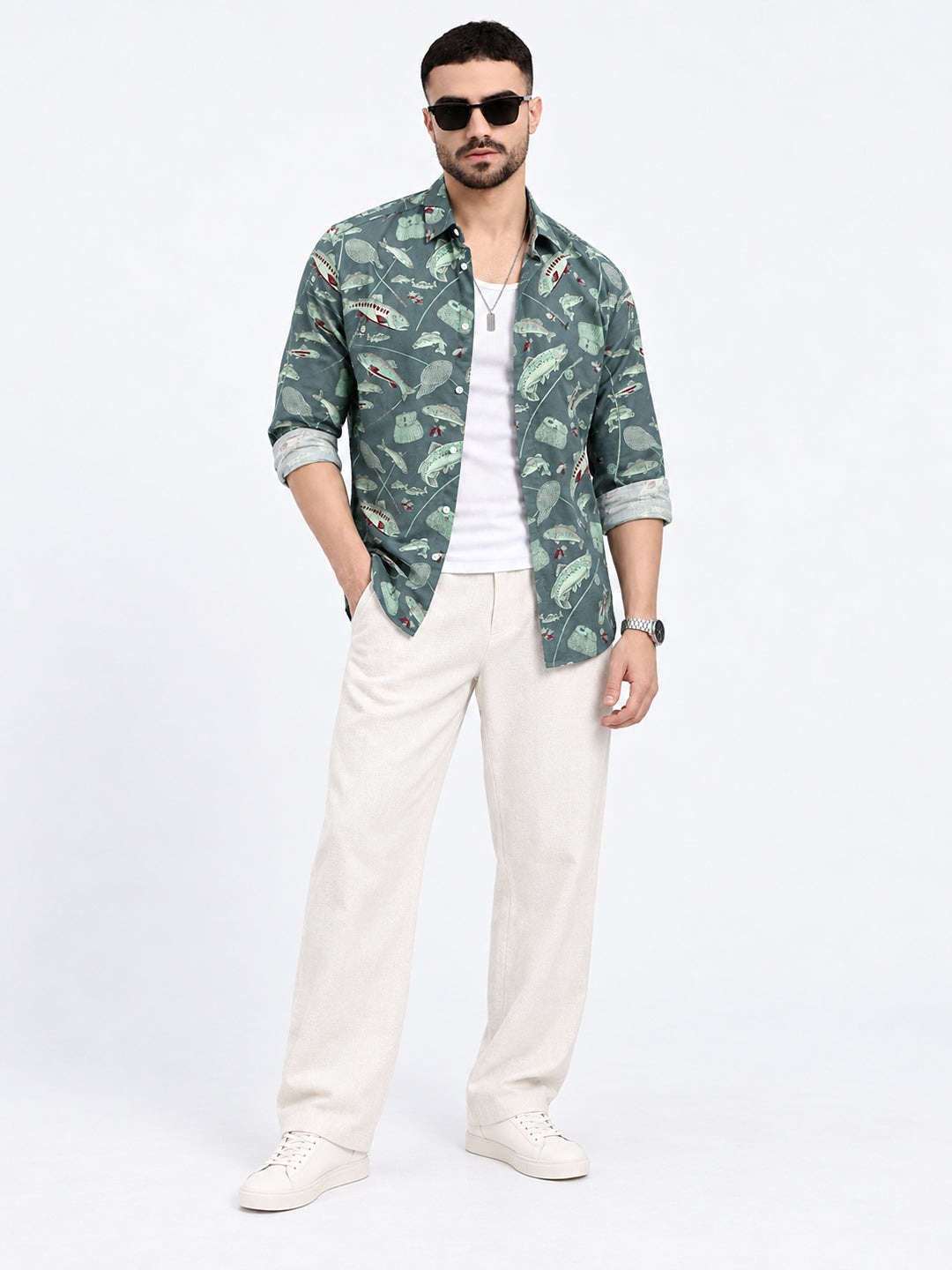 Men’s Animal Printed Green Slim Fit Long Sleeves Shirt