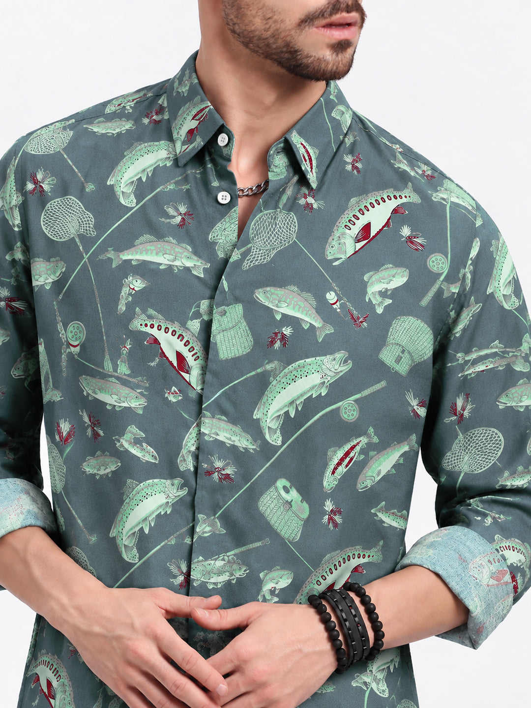 Men’s Animal Printed Green Slim Fit Long Sleeves Shirt