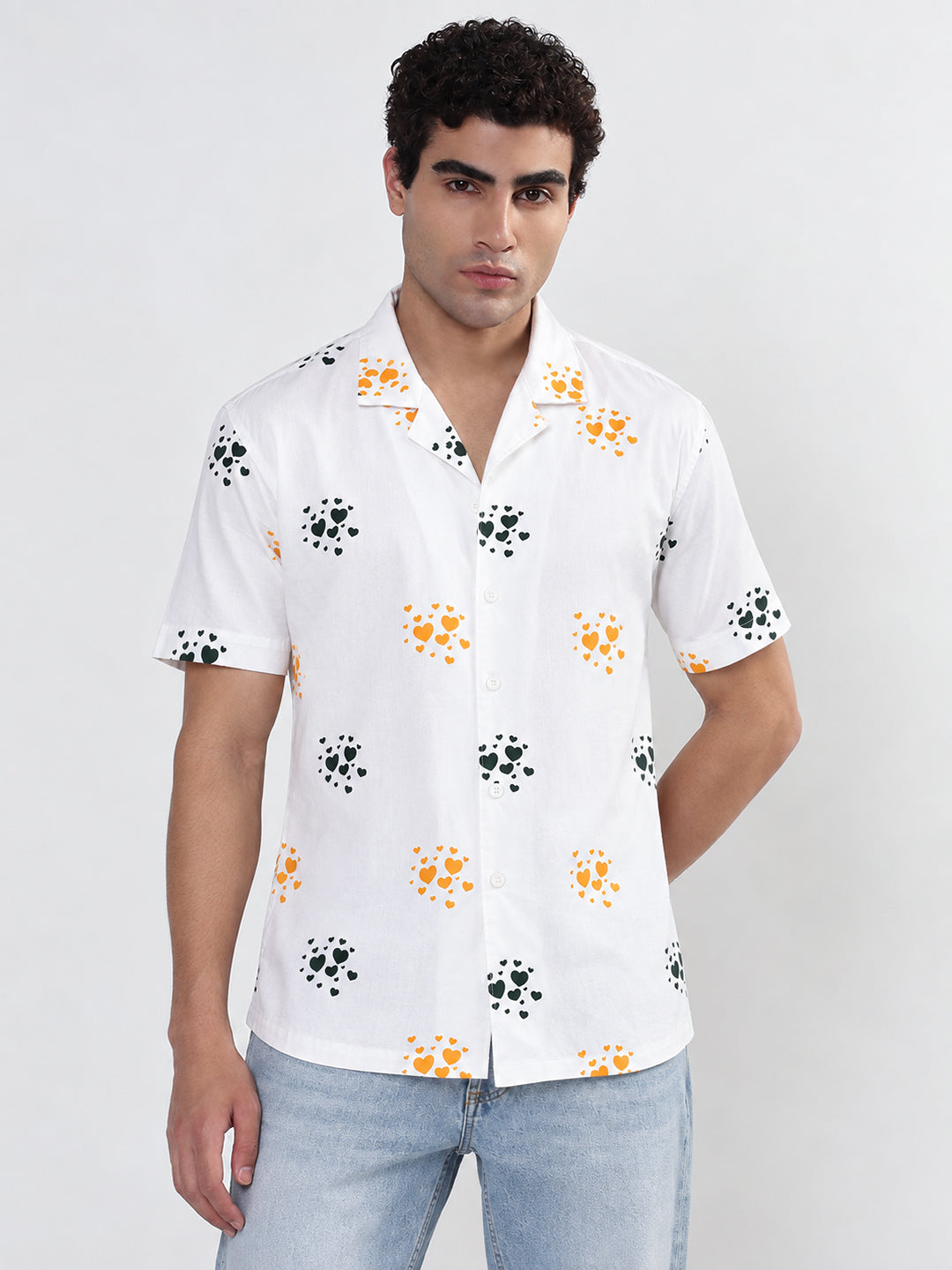 Men’s Graphic Printed White Relaxed Fit Short Sleeves Shirt